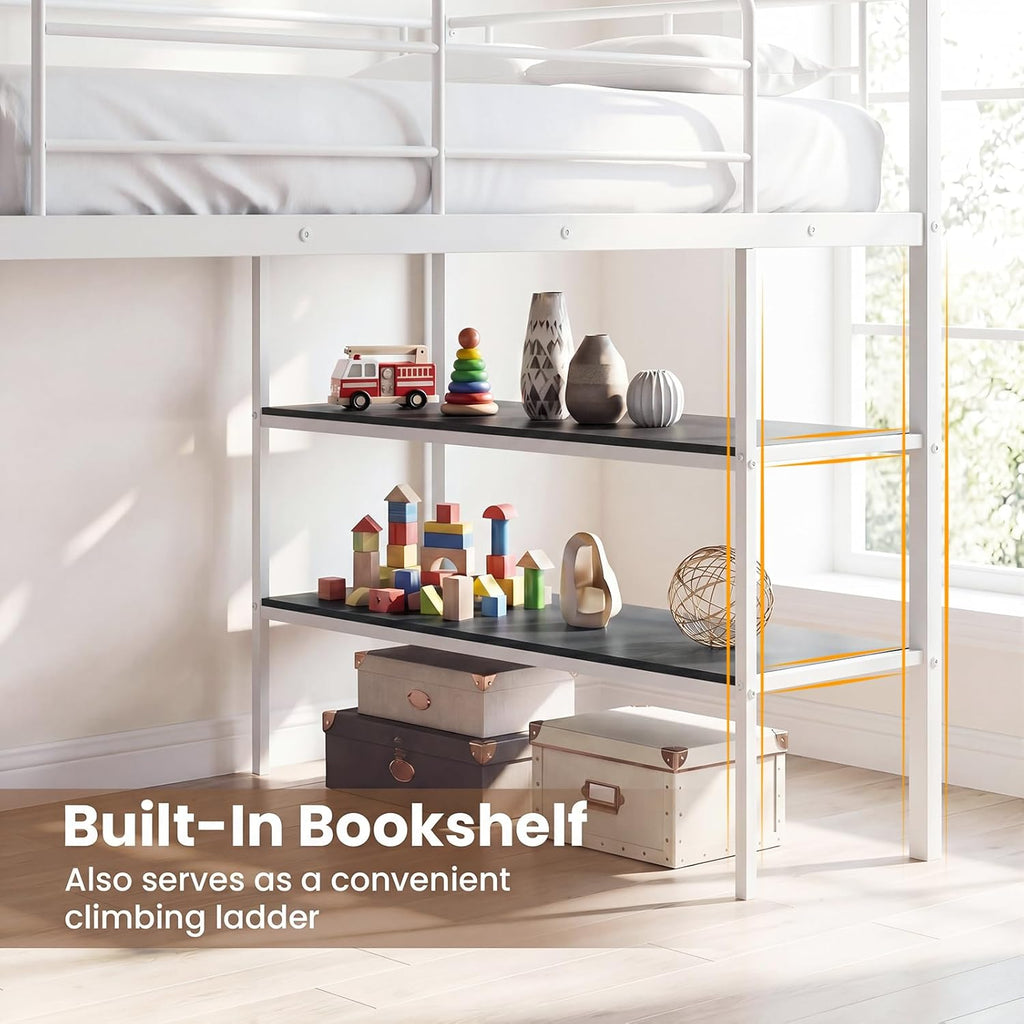 Giantex Low Loft Bed with Desk & Bookshelf, Twin Size Platform Bedframe w/Sturdy Metal Slats, Storage Bookcase & Rolling Desk, Kids Loft Bed for Boys Girls, No Box Spring Needed (White)