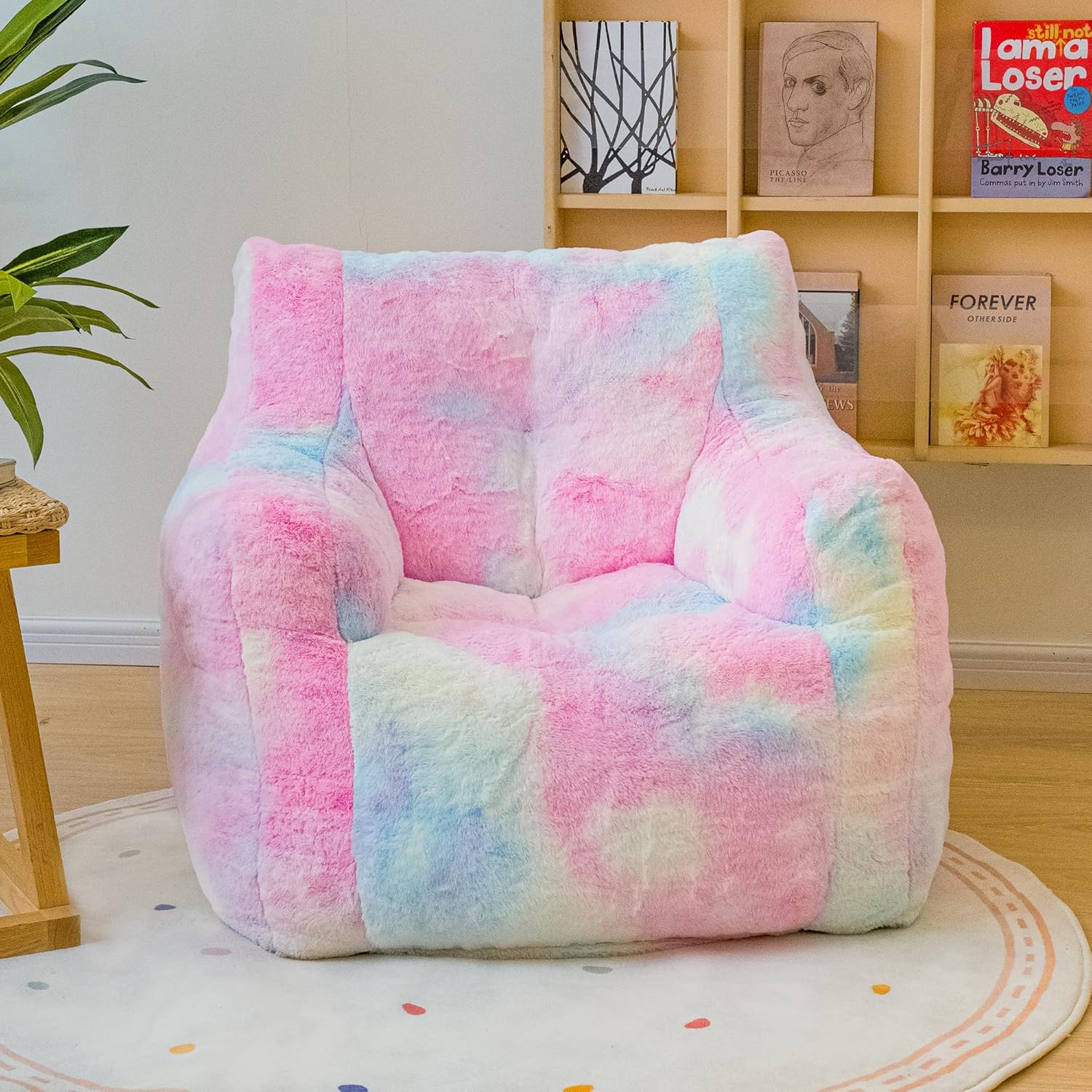 Bean Bag Chair with Filling, Faux Fur Comfy BeanBag Chairs for Teens, Adults, Bedroom, Living Room, Reading - Rainbow