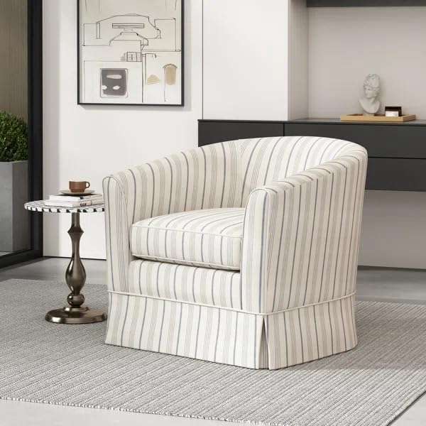 Christopher Knight Home Modern 360-Degree Swivel Accent Chair, Fabric Upholstered Club Chair, Comfy Reading Chair for Living Room, Bedroom Office, Beige/Blue Stripe
