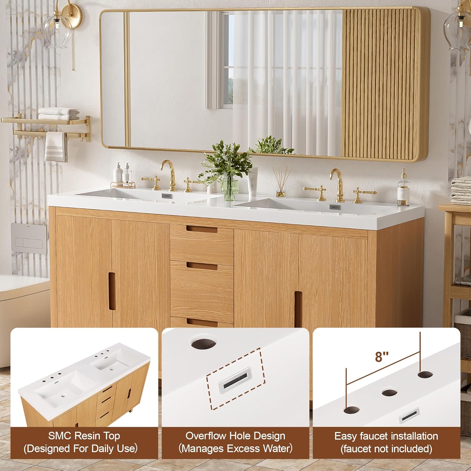 59.3-Inch Bathroom Vanity with SMC Resin Top, 4 Doors & 3 Drawers, Handle-Free, Soft-Close Hinges, Wood, MDF