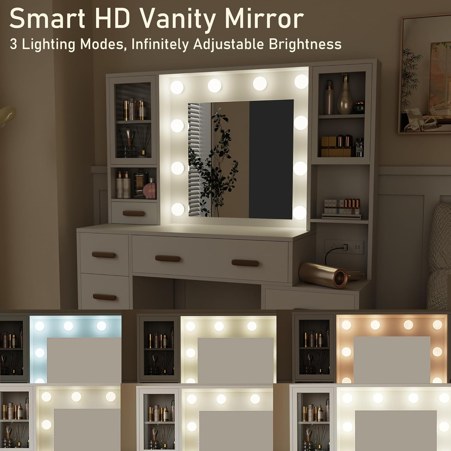 DYHOME Large Vanity Desk with LED Light Mirror & Power Outlet, 3 Lighting Modes, Adjustable Bright, White Makeup Vanity, 7 Drawers, 3 Storage Cabinet, Dressing Table for Women, Girls, Teens, Bedroom