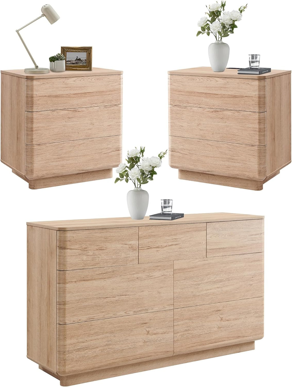 ACCOHOHO 3 Piece Bedroom Furniture Set, 7 Drawer Dresser (52" W) & Two 22" Nightstands, Modern Push-to-Open Drawers, Curved Profile, Dresser and Nightstand Sets for Bedroom, Natural Oak