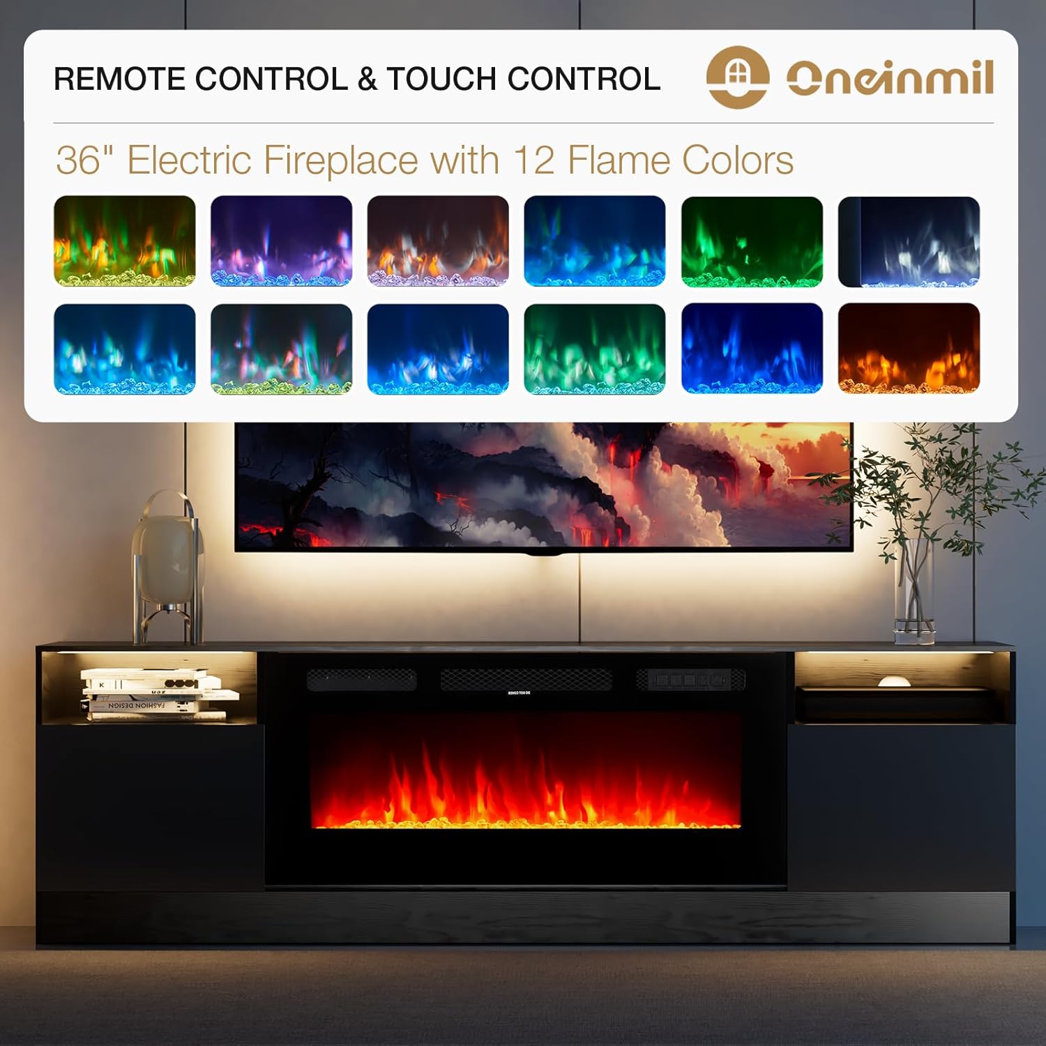 oneinmil Fireplace TV Stand with 36" Electric Fireplace, LED Light Entertainment Center, Modern Wood Texture Entertainment Stand with Highlight Storage Cabinet for TVs Up to 80", 70 inches, Black