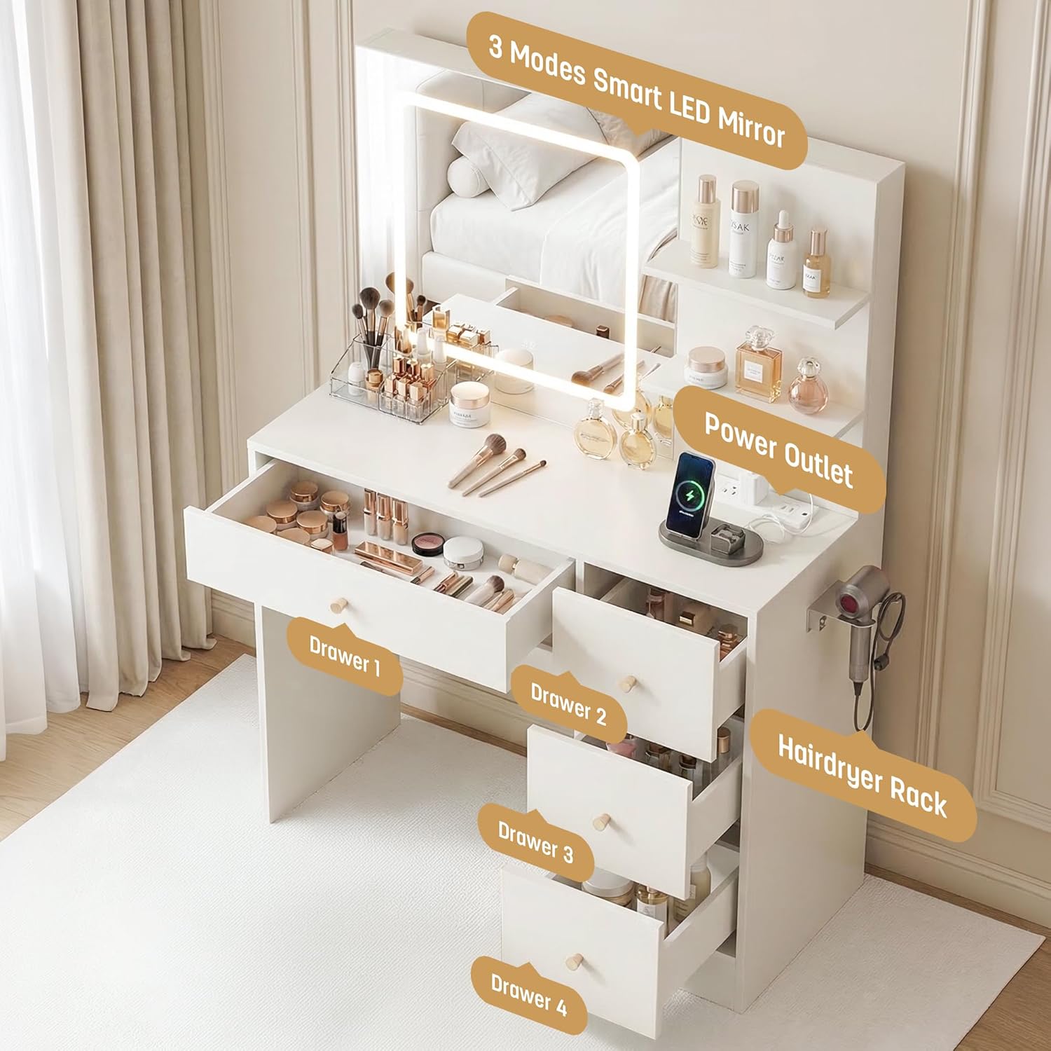 Makeup Vanity Desk with Mirror and Lights, 37" White Vanity Desk with Power Outlet & USB, 3 Modes Dimmable LED Mirror with 4 Drawers, Modern Vanity Table for Bedroom