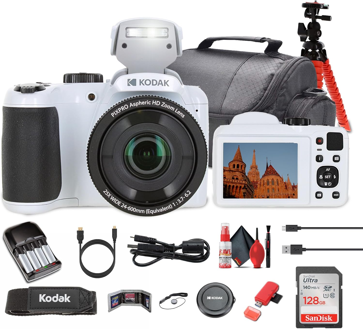 Kodak Pixpro AZ255 Digital Camera in White (AZ255WH) Bundle Including: 128 GB Memory Card, Rechargeable Batteries, Case, Flexible Tripod, Neck Strap, Lens Caps, Full Cleaning Kit, More Accessories