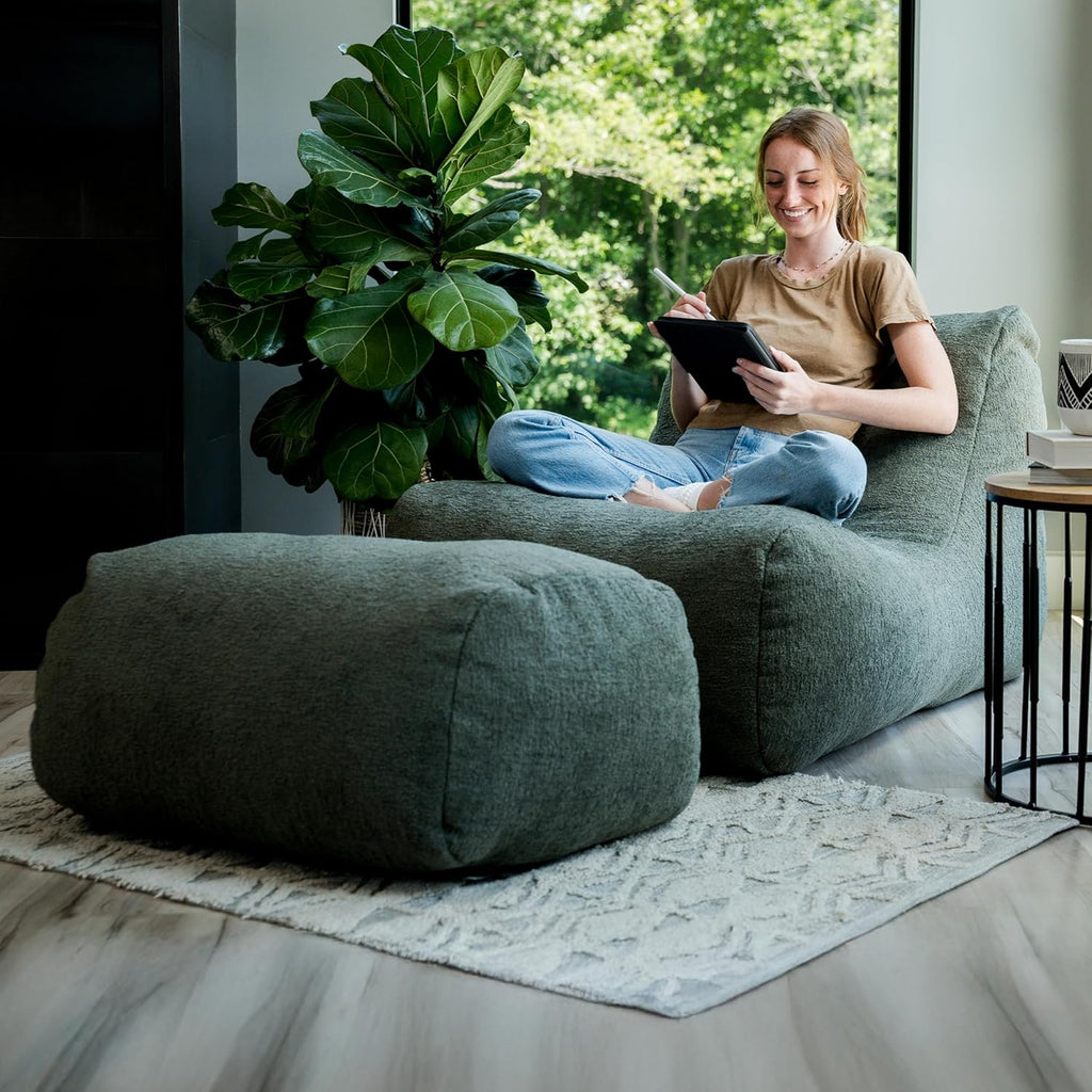 Big Joe Modora Bean Bag Lounger, Living Room and Gaming Seat, Heather Green Soft Boucle, Ottoman Only