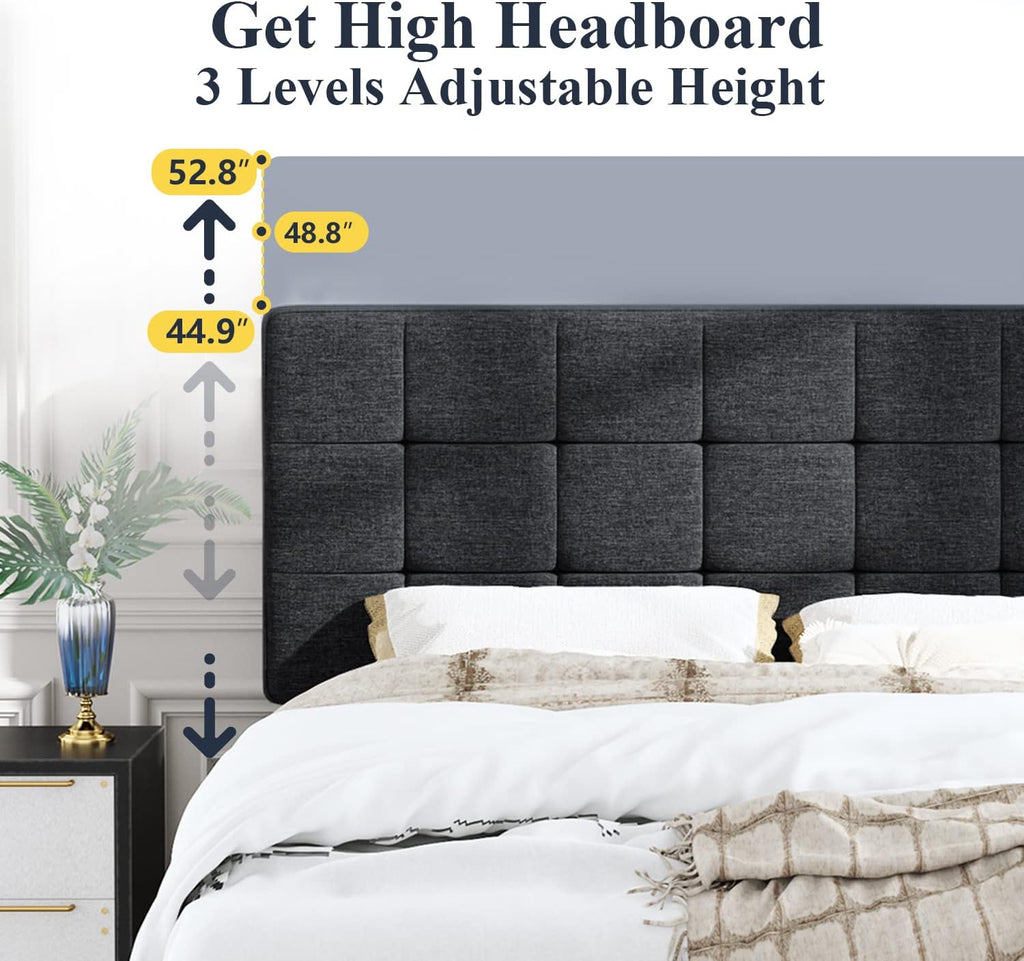 Allewie Queen Size Panel Bed Frame with Adjustable Headboard for High Profile/Fabric Upholstered/Square Stitched Padded Headboard/Box Spring or Bunkie Board Required/Dark Grey