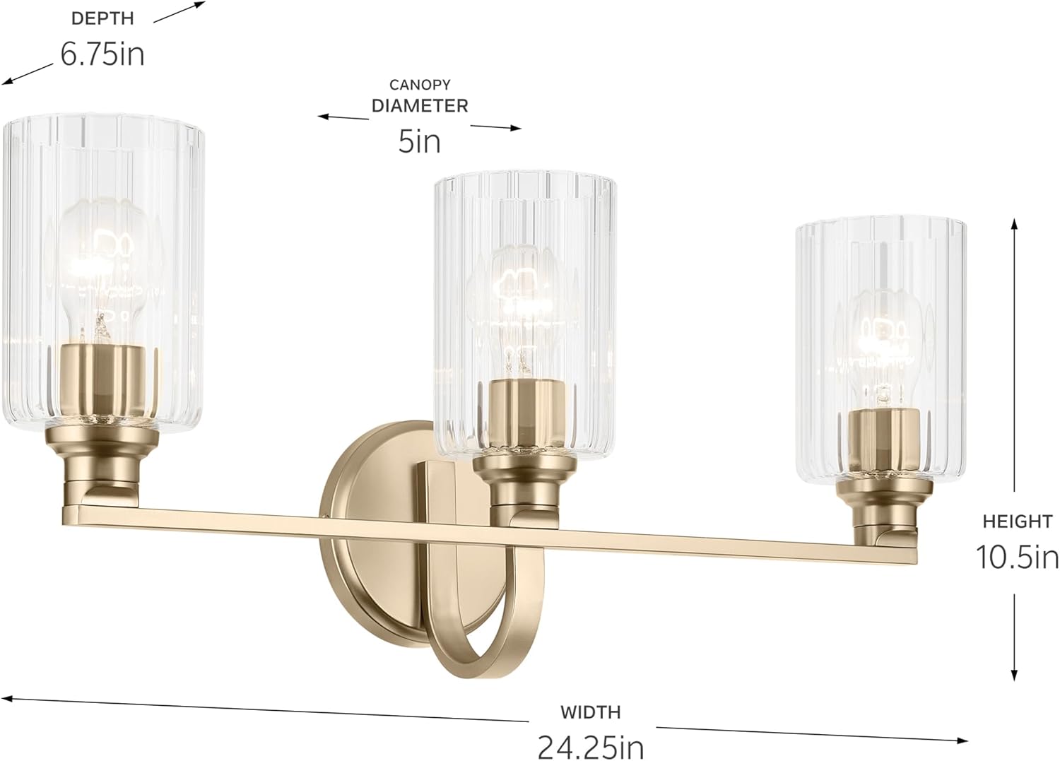 Kichler Gioe 24.25" 3-Light Bathroom Vanity Light Fixture with Clear Fluted Glass in Champagne Bronze, Damp Rated for Mirror, Powder Room (24.25" W x 10.5" H), 55226CPZFLU