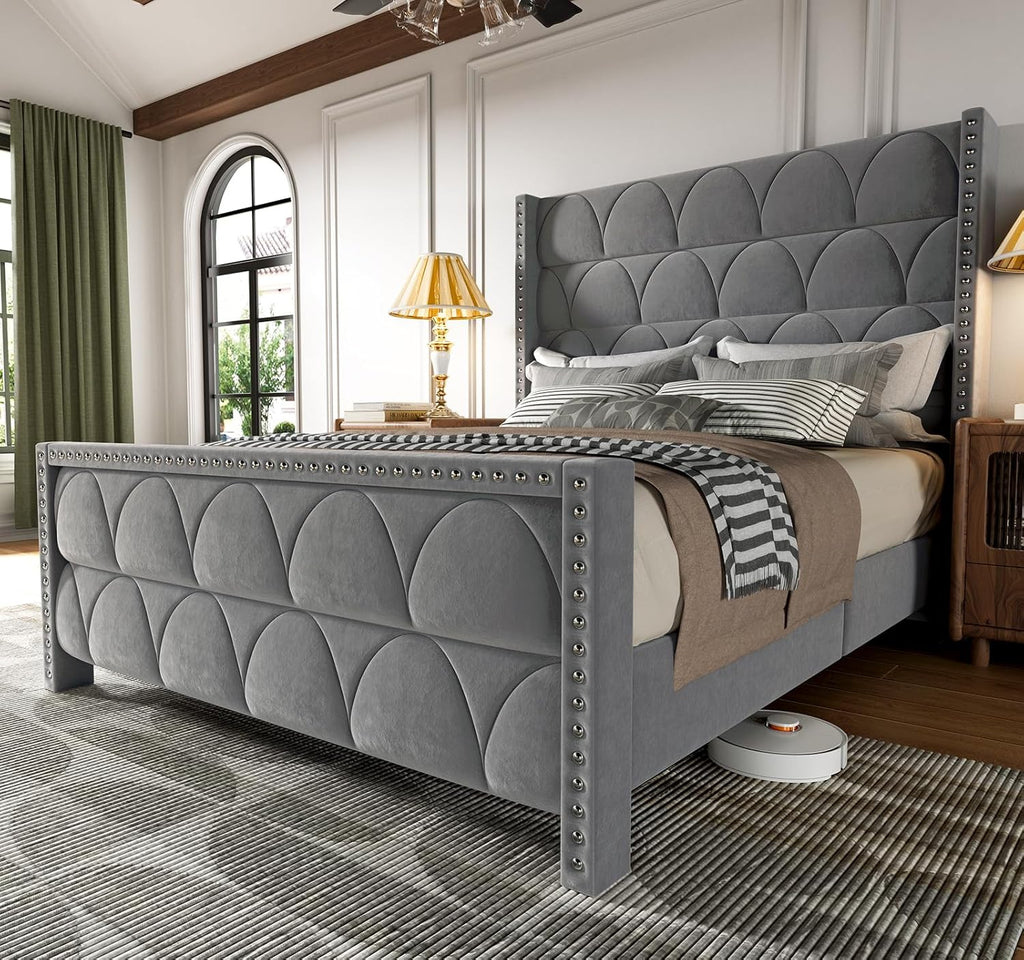 OHOHOLIVE Queen Size Bed Frame with 56" Headboard - Velvet Upholstered Wingback Platform Bed Frame, Noise Free, Sturdy Wooden Slat Support (Deep Gray, Queen)