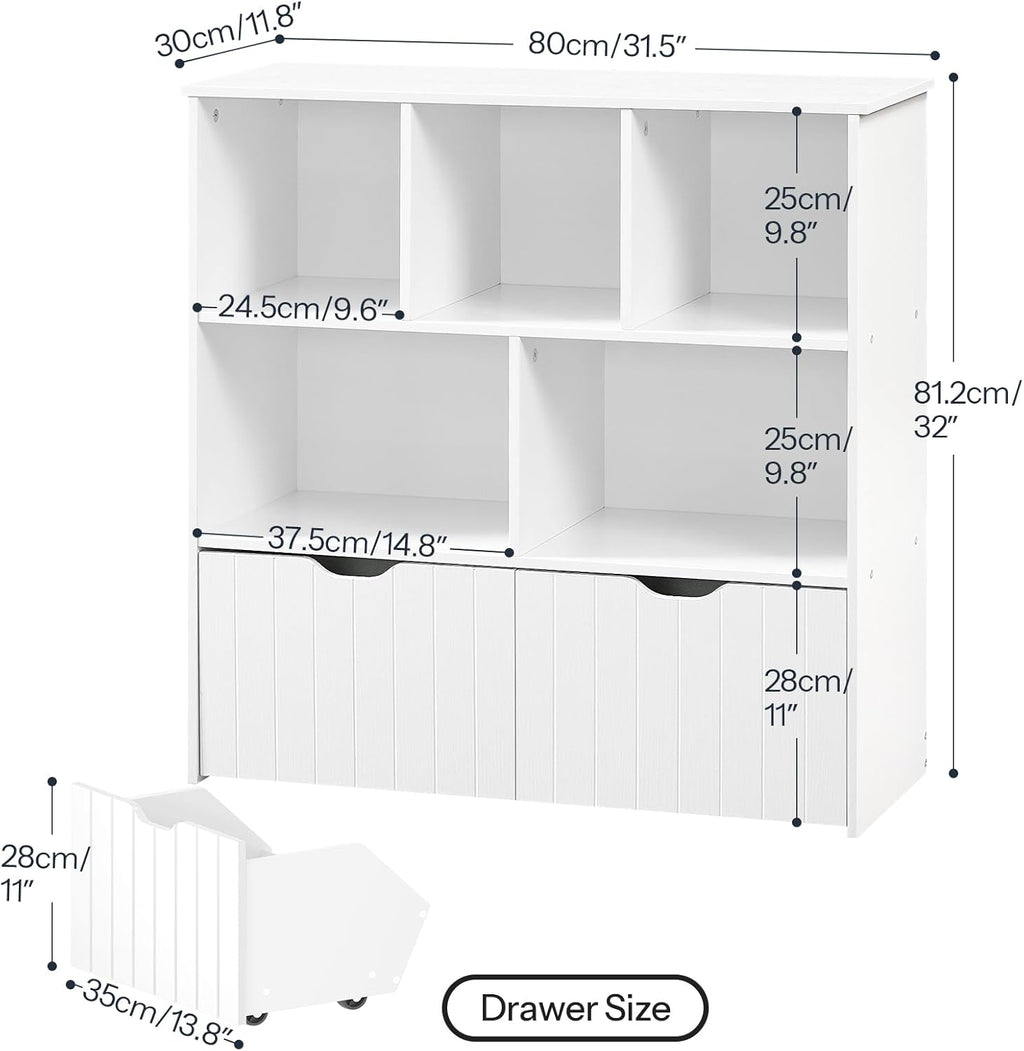 HOOBRO Toy Storage Organizer, Toy Organizers and Storage with 2 Movable Drawers and 5 Cubbies, Toy Chest Shelf for Books or Dolls, Kids Bookshelf and Toy Storage for Playroom, White WT88CW01