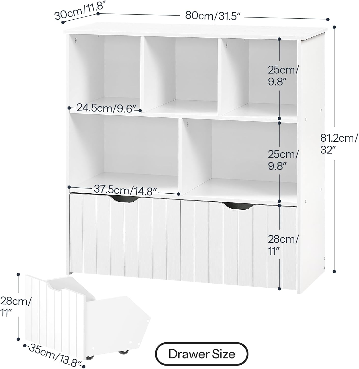 HOOBRO Toy Storage Organizer, Toy Organizers and Storage with 2 Movable Drawers and 5 Cubbies, Toy Chest Shelf for Books or Dolls, Kids Bookshelf and Toy Storage for Playroom, White WT88CW01