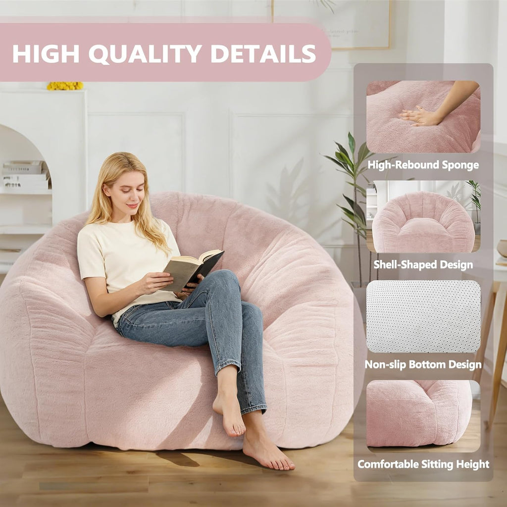 Bean Bag Chair for Adults, Soft Faux Fur Giant Beanbag Chairs, Oversized Cozy Bean Bag Couch Large Reading Chair, Comfy Bean Bag Sofa for Living Room, Bedroom & Dorm, Dusty Pink