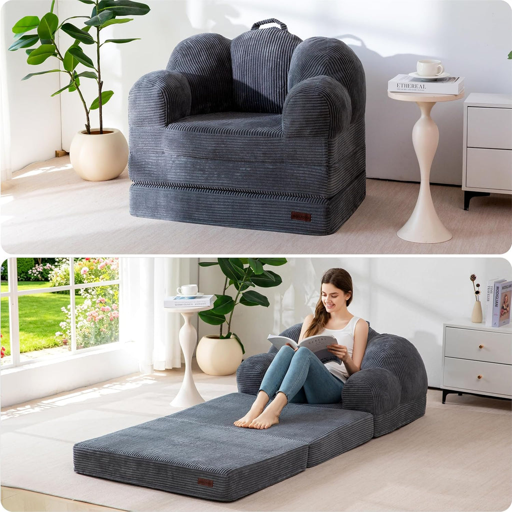 MAXYOYO Folding Sofa Bed, Floral-Shaped Convertible Floor Sofa Couch with Backrest, 2 in 1 Comfy Lounger Bean Bag Chair with Handle, Floor Single Sleeper Couch for Living Room Bedroom, Dark Grey