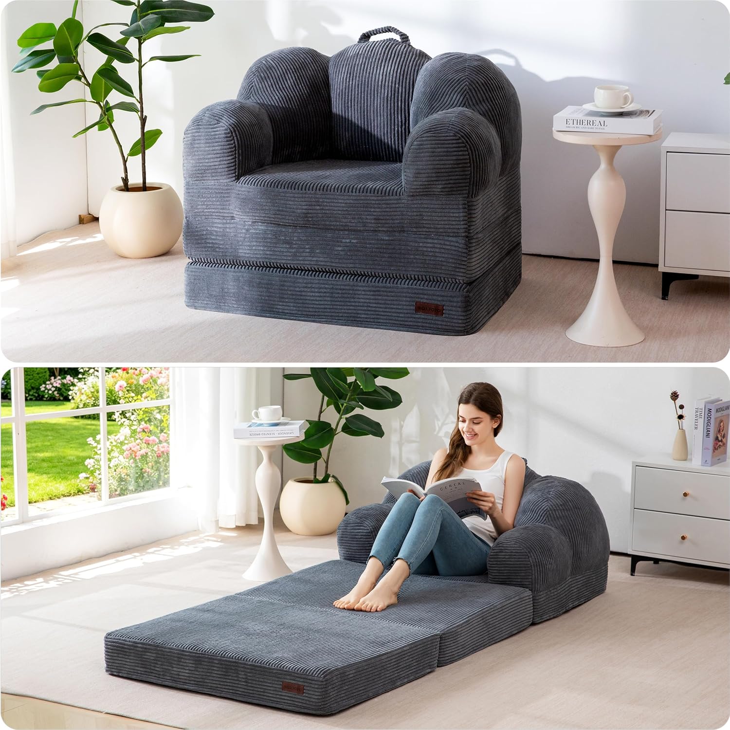 MAXYOYO Folding Sofa Bed, Floral-Shaped Convertible Floor Sofa Couch with Backrest, 2 in 1 Comfy Lounger Bean Bag Chair with Handle, Floor Single Sleeper Couch for Living Room Bedroom, Dark Grey
