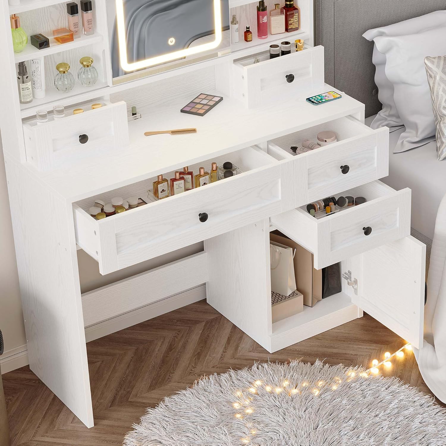 IRONCK Vanity Desk with LED Lighted Mirror, Large Storage Makeup Vanity Table with 5 Drawers, Cabinet, 7 Open Shelves, Power Outlet, Storage Stool, Bedroom, White