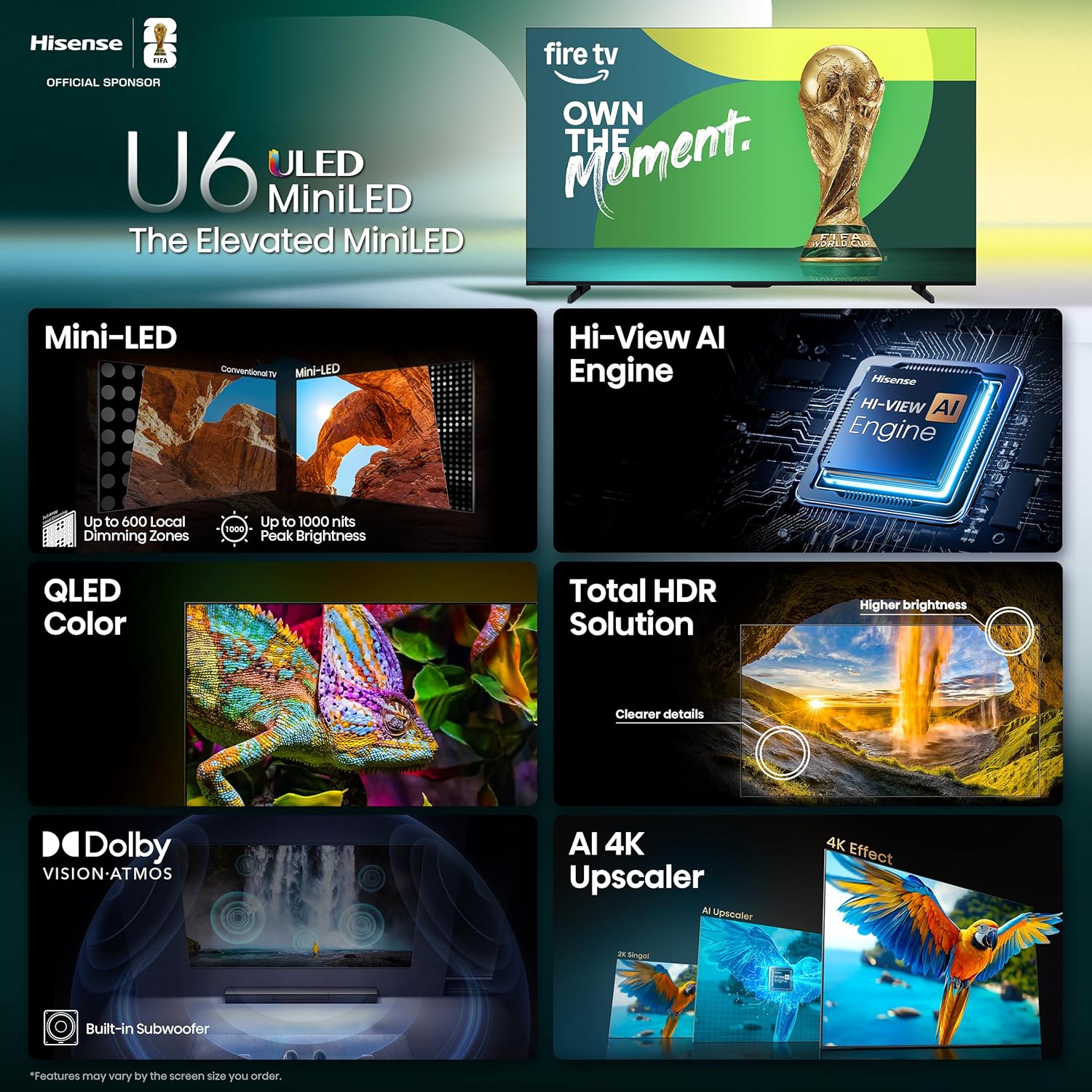Hisense 55" Class U6 Series Mini-LED 4K UHD Smart Fire TV (55U65QF, 2025 Model) - QLED, Native 144Hz, HDR10+, Dolby Vision IQ, Dolby Atmos, Game Mode Pro, ALLM, Alexa Built in, Black