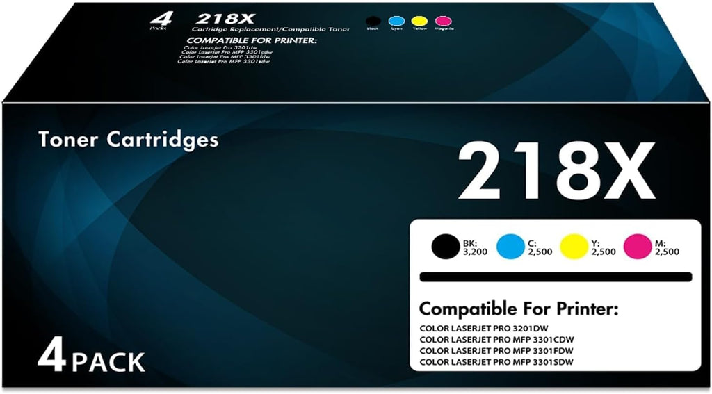 218X Toner Cartridges 4 Pack Pro MFP 3301fdw 3201dw Toner Compatible for HP 218X High Yield 218A for Color LaserJet Pro 3201dw MFP 3301 Series 3301sdw 3301cdw Printer Ink W2180X W2180A (with Chip)