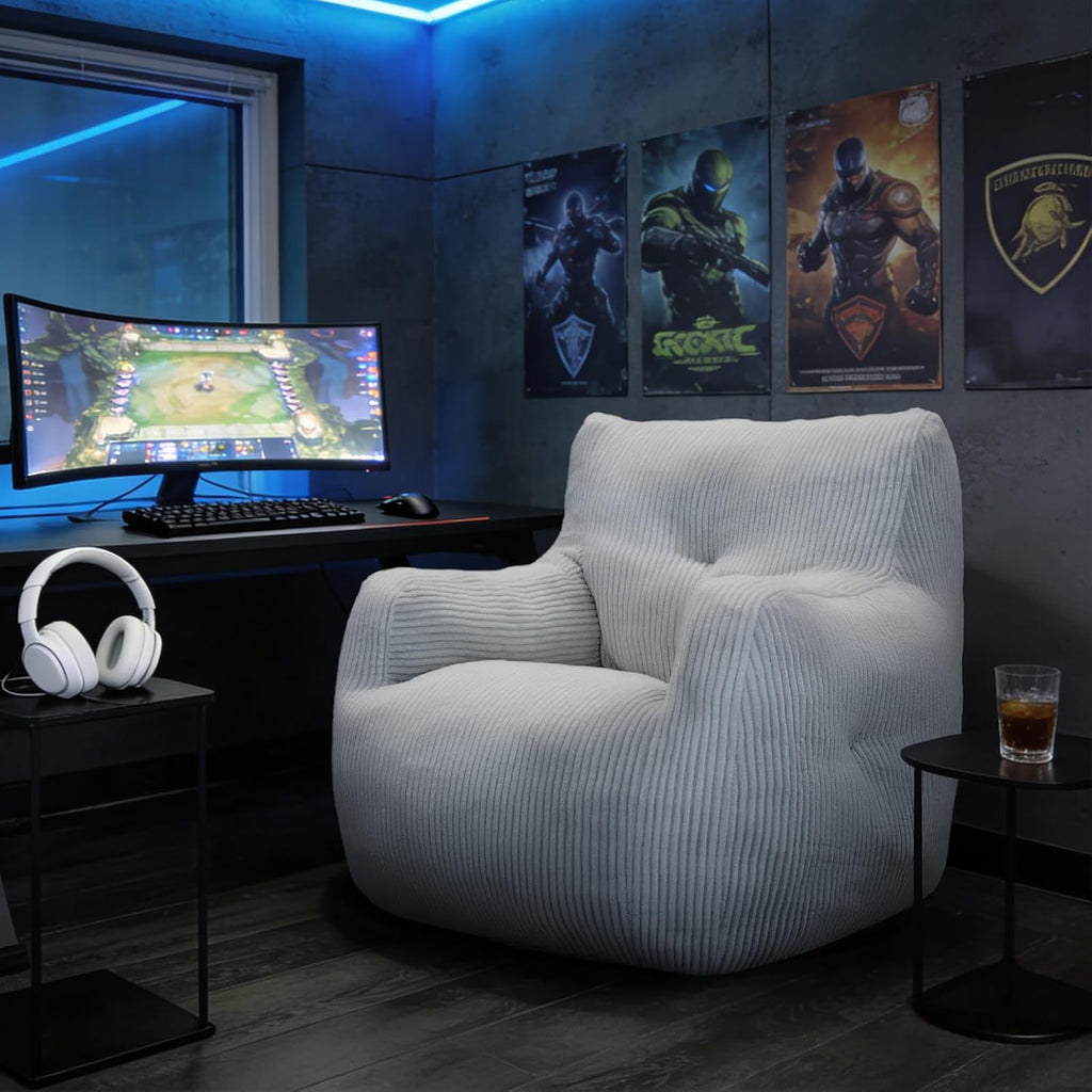 Cvortll Bean Bag Chair, Bean Bag Chair for Adults, Fluffy and Comfy Bean Bag with Filler, Bean Bag Sofa Chair for Reading, Gaming, Stuffed High-Density Foam(Beige-Corduroy)