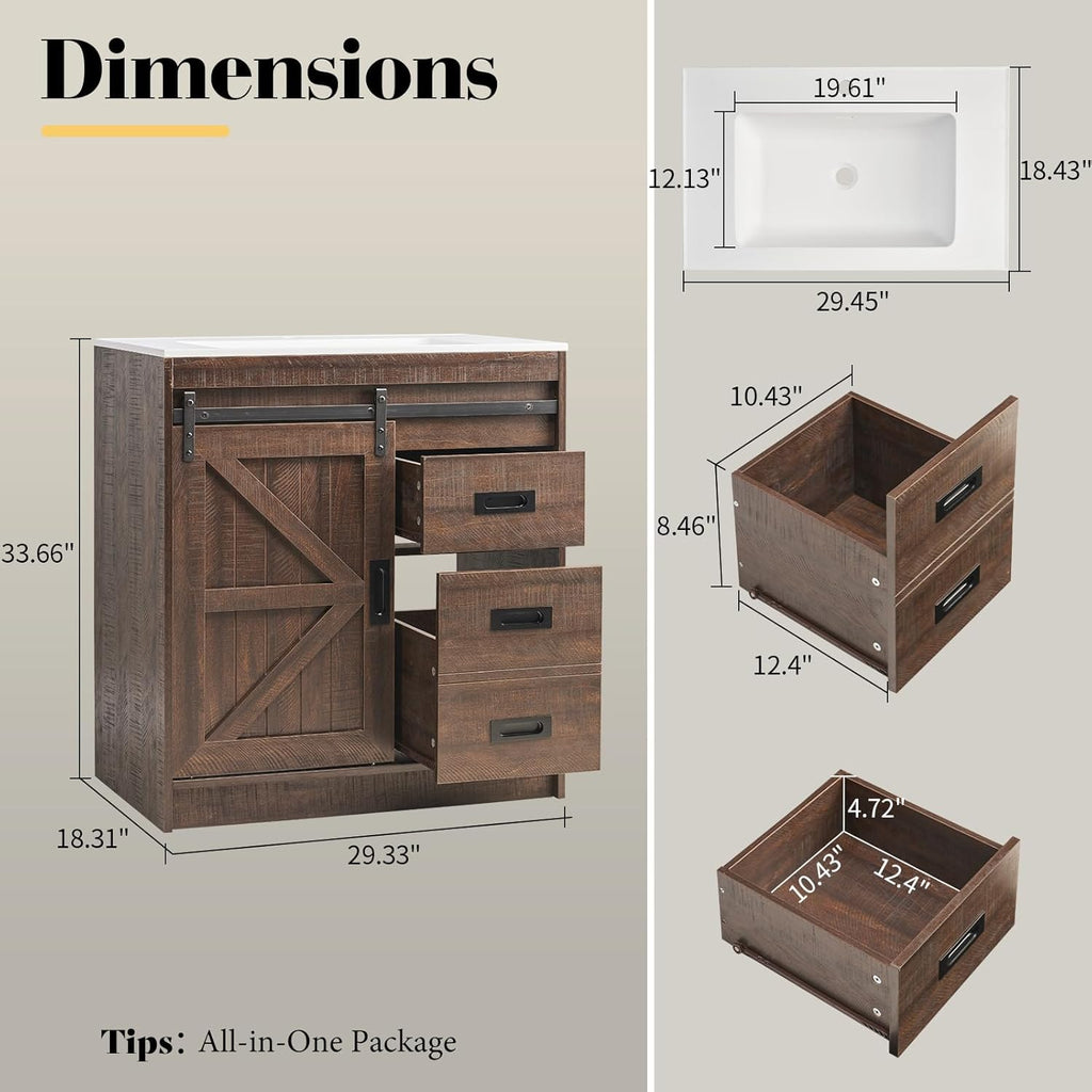 LUXOAK 30" Farmhouse Sliding Barn Door Bathroom Vanity with Sink Combo, Bathroom Vanity Cabinet with Drawers & Metal Handles, Freestanding, Reclaimed Barnwood