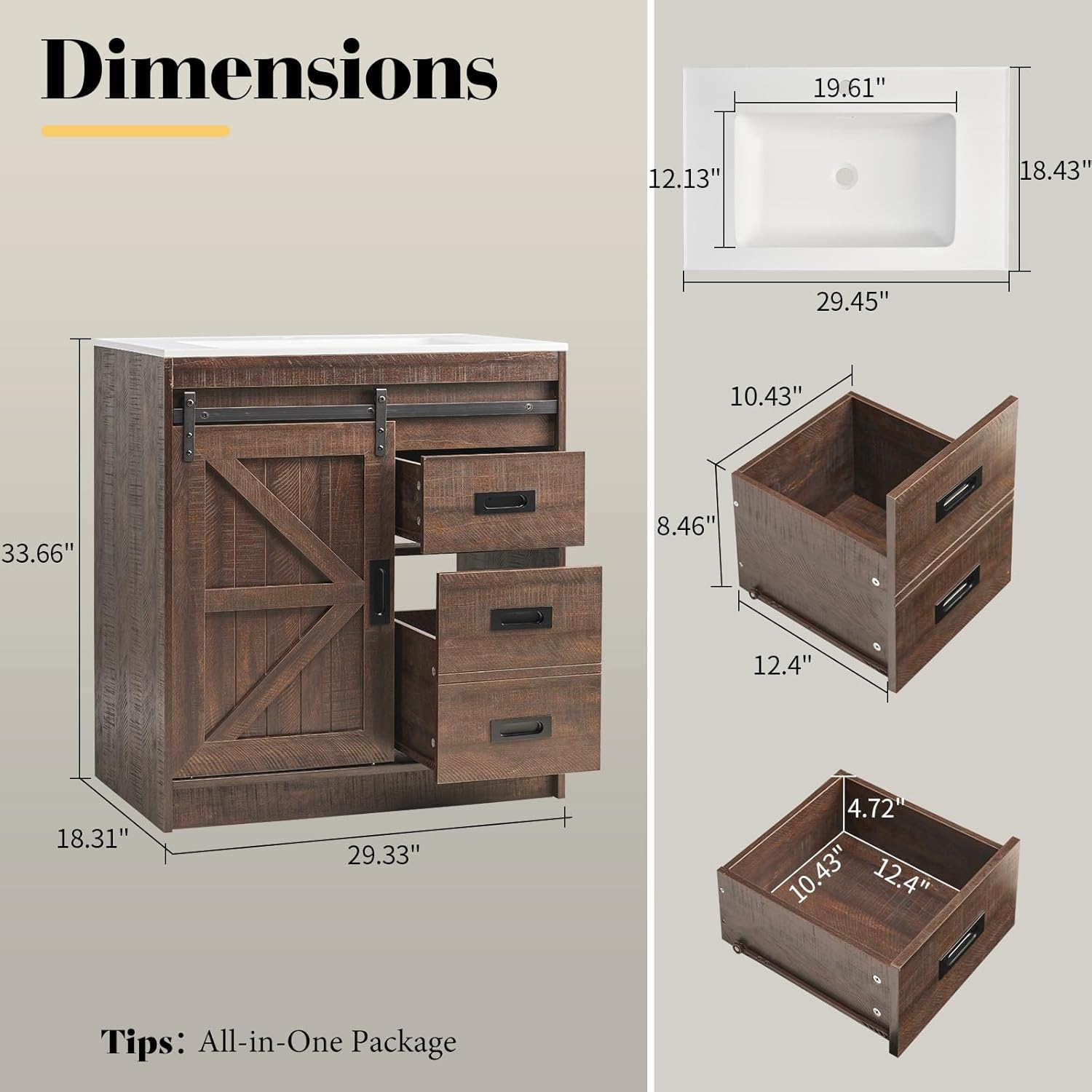 LUXOAK 30" Farmhouse Sliding Barn Door Bathroom Vanity with Sink Combo, Bathroom Vanity Cabinet with Drawers & Metal Handles, Freestanding, Reclaimed Barnwood