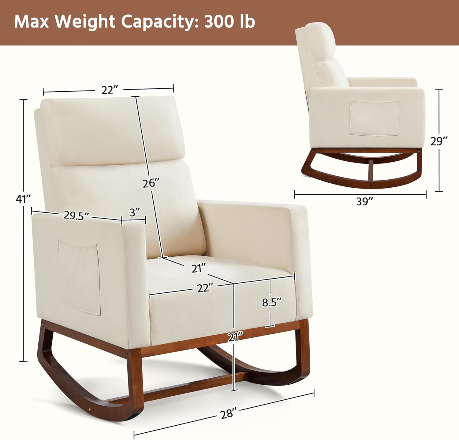 Yaheetech Rocking Chair, Modern Glider Chair, Recliner Armchair with Wood Legs and Side Pocket, Nursery Rocking Accent Chair with High Back for Living Room Bedroom, Beige