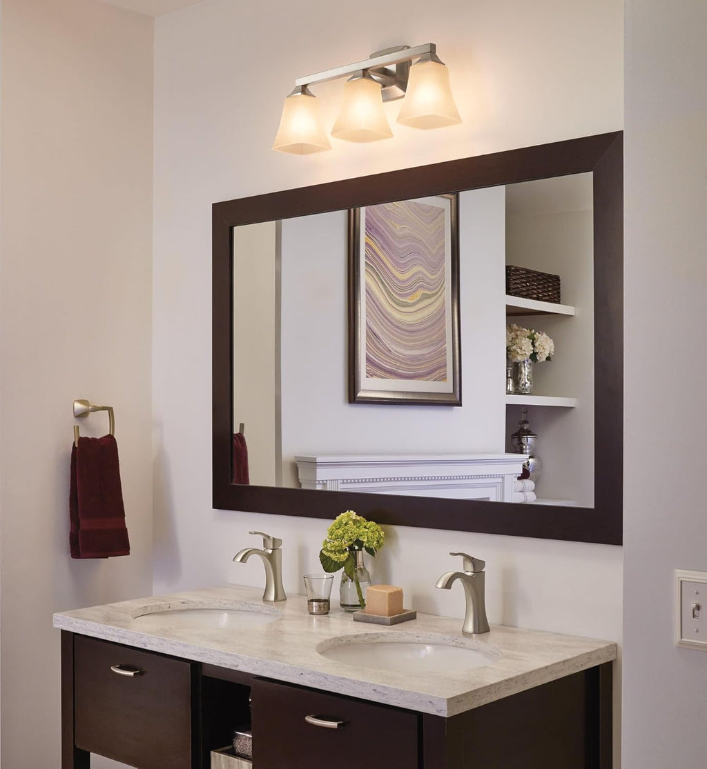 Moen Voss Brushed Nickel 3-Light Dual-Mount Bathroom Vanity Fixture with Frosted Glass, Bath Lighting Above Sink, YB5163BN
