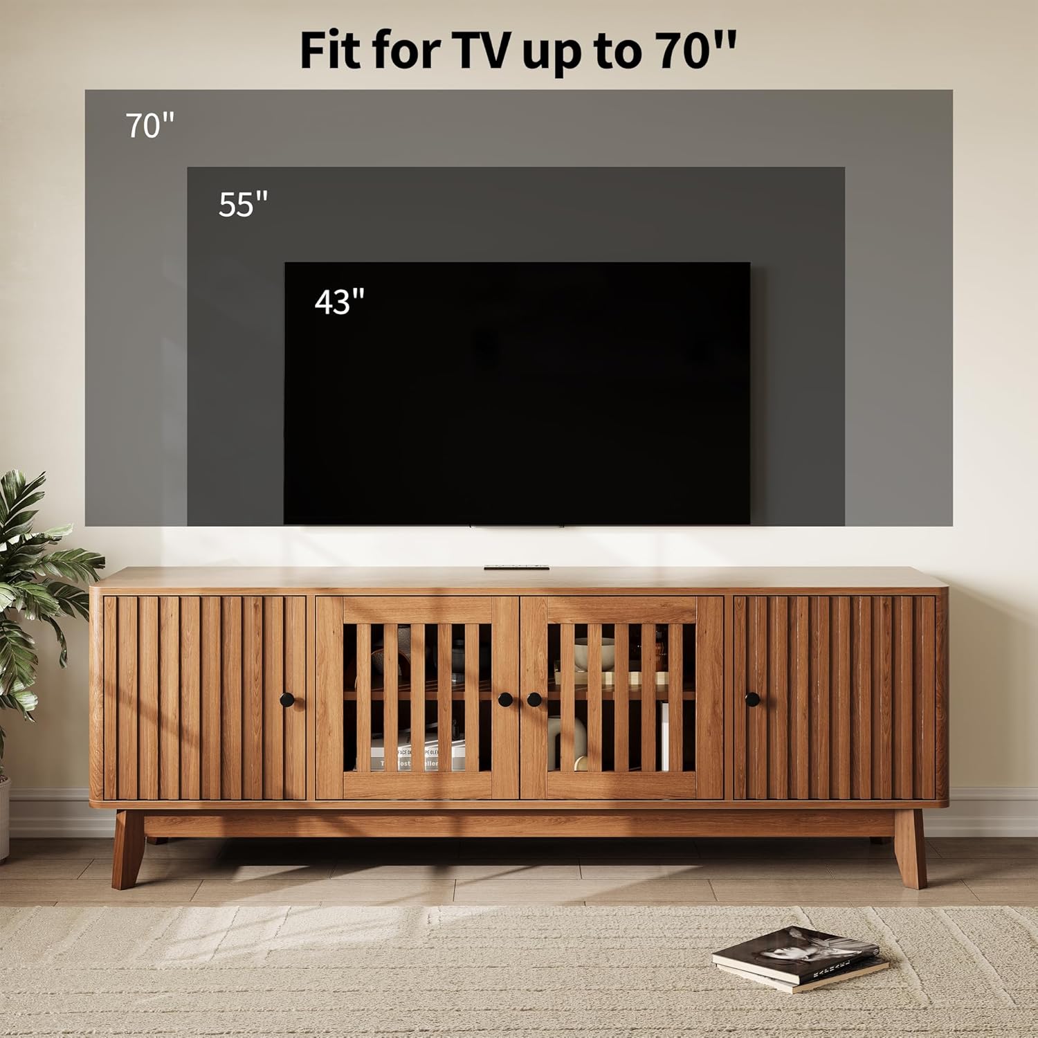 Garvee Mid Century Modern TV Stand, TV Stands for Living Room with 4 Grille Doors and Adjustable Shelves, Entertainment Center with Storage and Power Output, Wooden TV Console