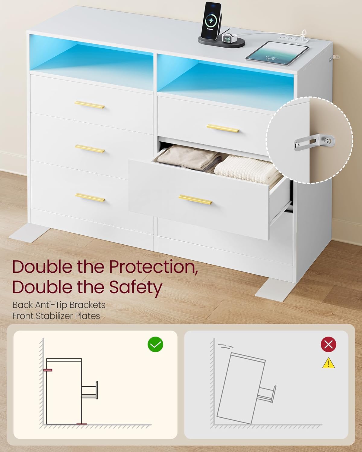 VASAGLE Custos Collection - Dresser for Bedroom, with LED Lights and Power Strip, Chest of Drawers, Modern, TV Stand for Living Room, 6 Drawers, 15.8 x 46.9 x 32 Inches, Cloud White ULTS316WB01S