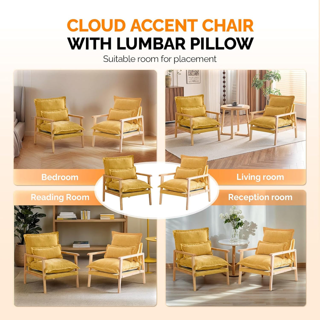VINGLI Mid-Century Modern Cloud Accent Armchairs set of 2 with Lumbar Pillow, 6.3'' Thick Seat Cushion Reading Chairs with Wooden Armrests, Boho Lounge Chair for Bedroom, Living Room, Chenille, Yellow