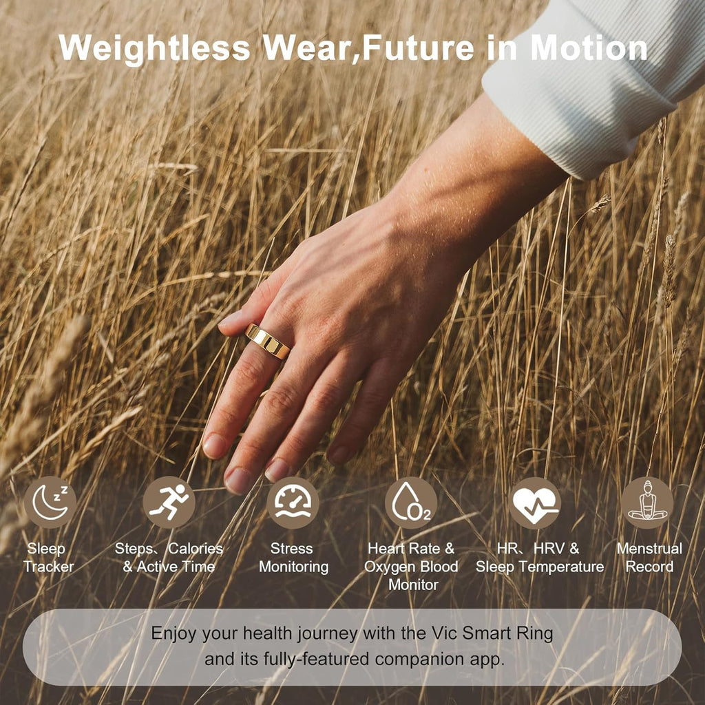 Titanium Smart Ring, Sleep & Activity Tracking Ring with Heart Rate, HRV, Stress Insights, 7-Day Battery Life, No Subscription, IP68 Waterproof, iOS & Android Compatible (Gold, 9)