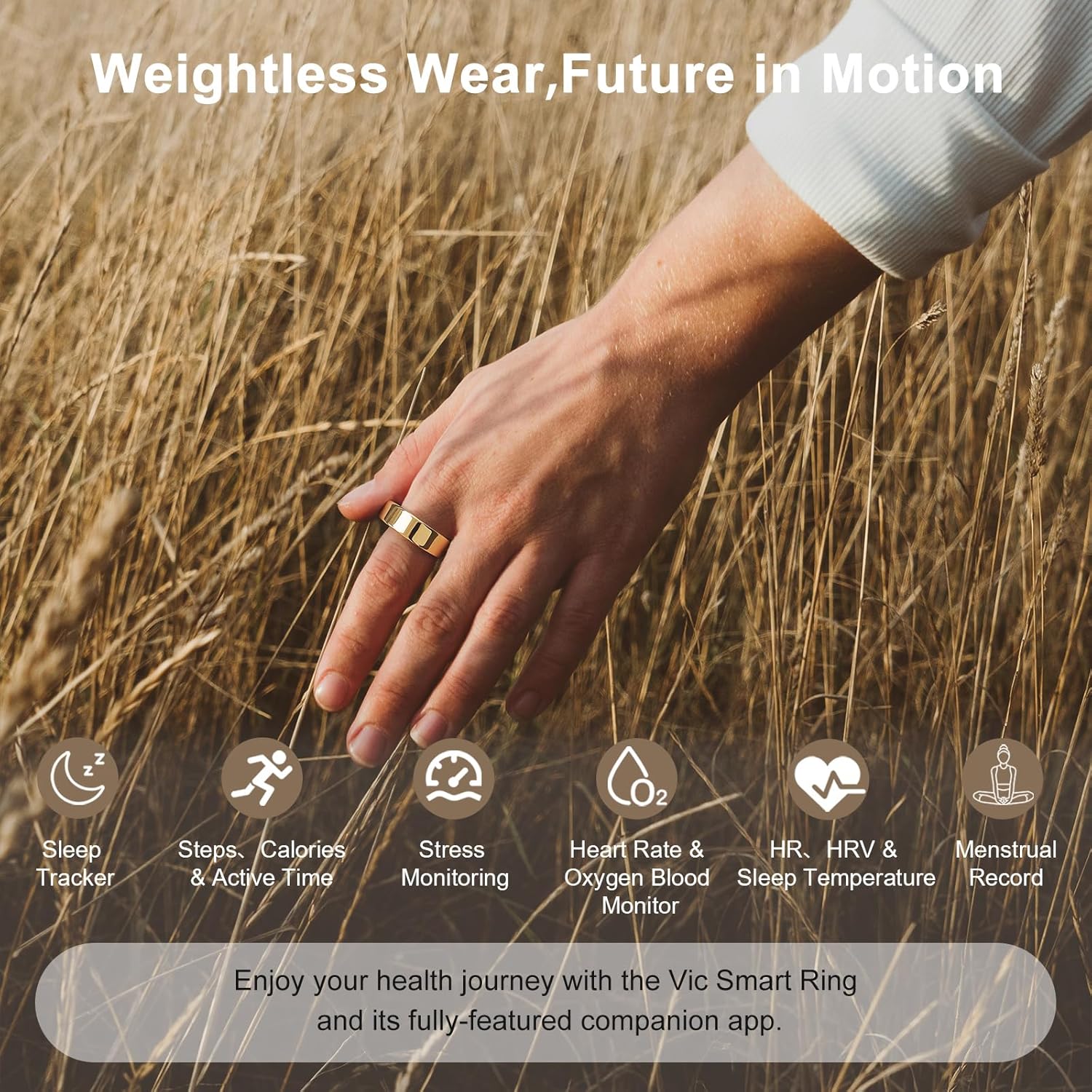 Titanium Smart Ring, Sleep & Activity Tracking Ring with Heart Rate, HRV, Stress Insights, 7-Day Battery Life, No Subscription, IP68 Waterproof, iOS & Android Compatible (Gold, 9)