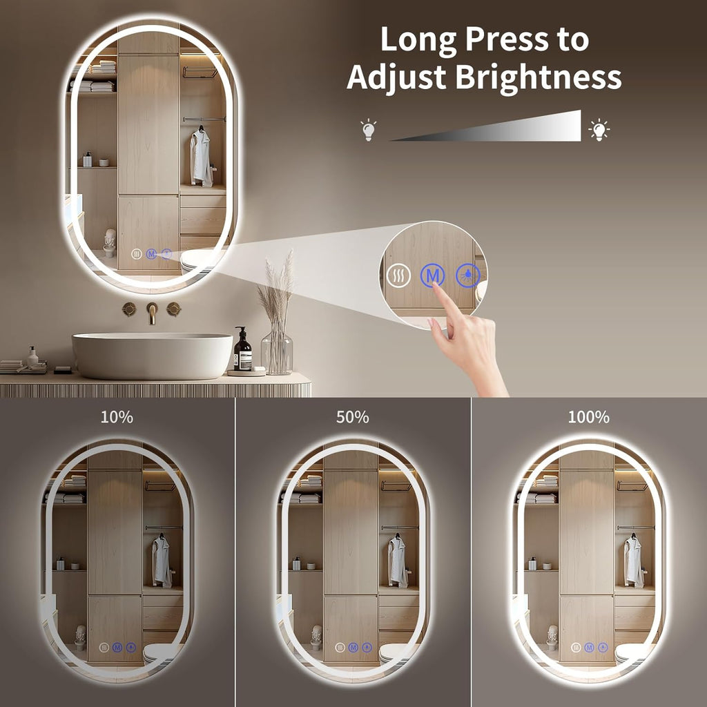 Oval LED Bathroom Mirror, 24"x 40" Frameless LED Mirror with Front Light and Backlit, Anti-Fog, Dimmable Modern Wall Mounted Lighted Mirror, Pill-Shaped Smart Mirror Bathroom
