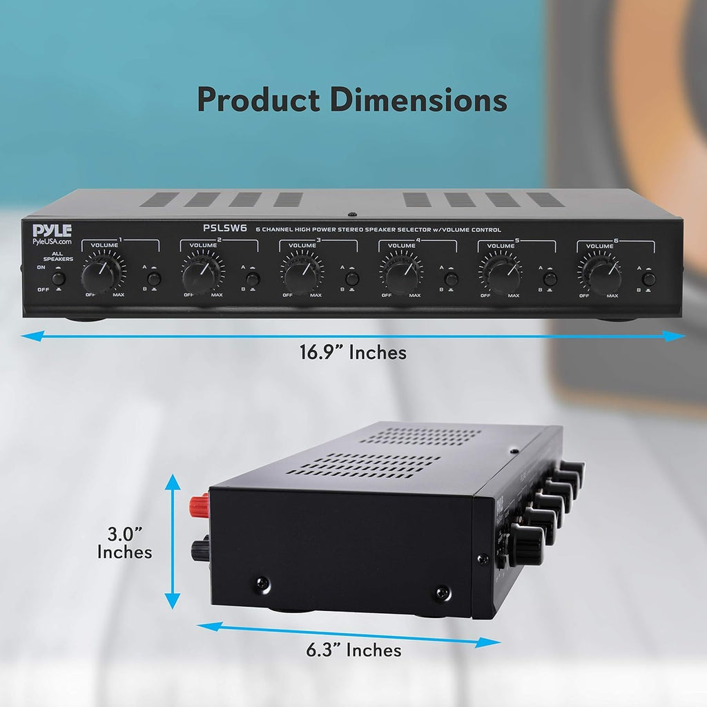 Pyle 6 Channel Speaker Selector Switch - Multi Zone A B Speaker Distribution Controller Box w/ Independent Audio Source Volume Control, Supports Home Theater Stereo Receiver System - Pyle PSLSW6