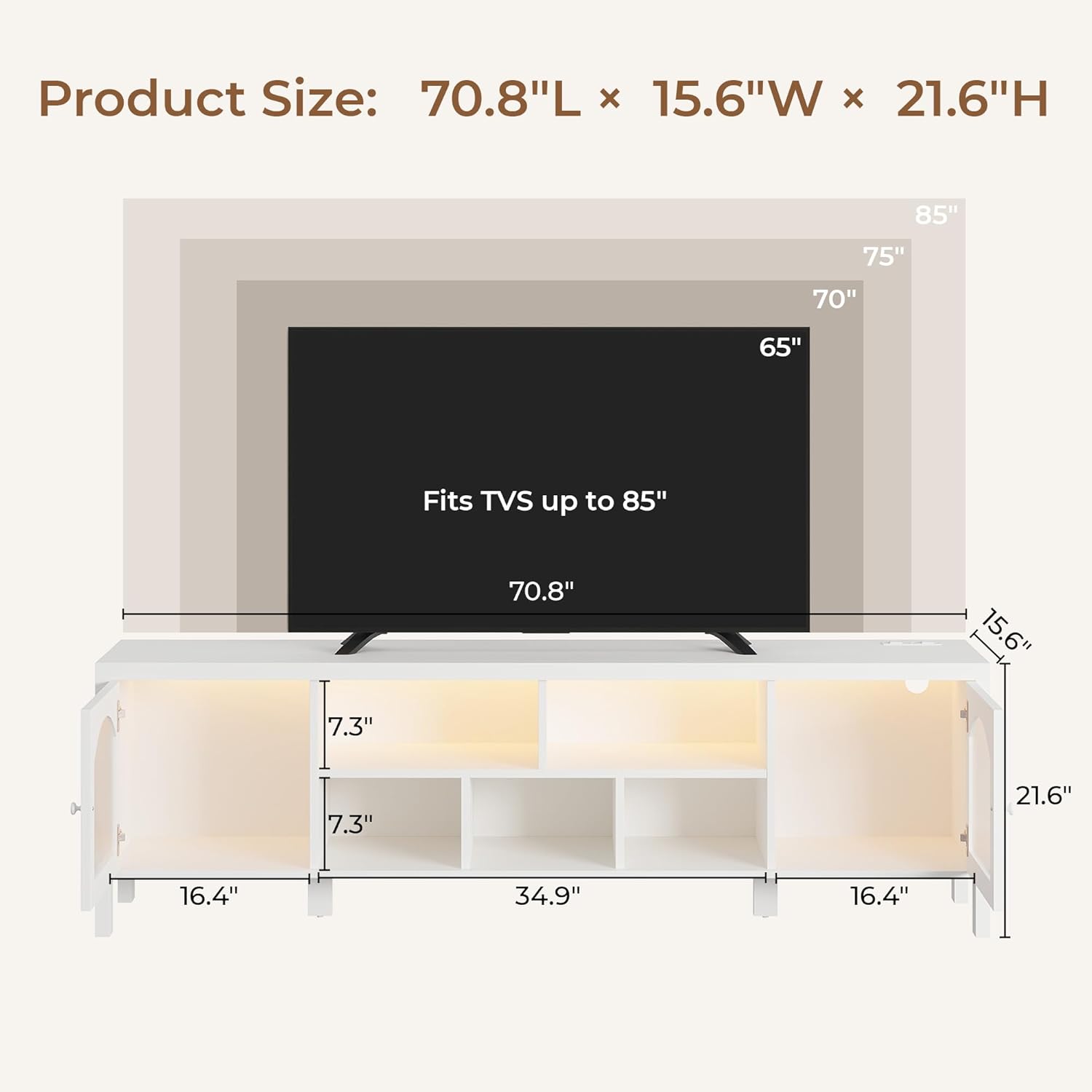 IRONCK TV Stand for 75 Inch TV, 71" Entertainment Center with Power Outlet & LED Light, Modern Media TV Console with Arched Glass Doors and Storage Cabinets for Living Room, White