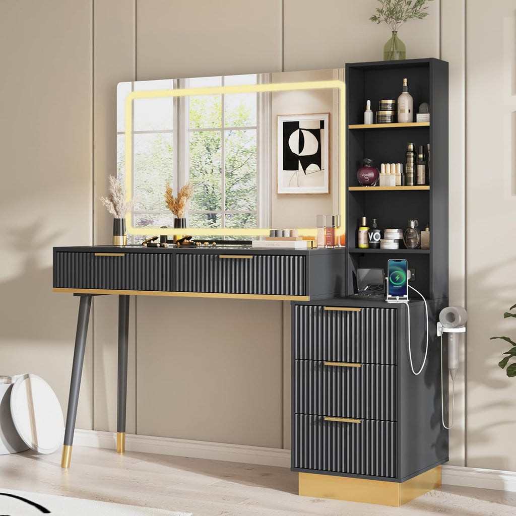 AMERLIFE 48" Fluted Vanity Desk with Mirror and Adjustable LED Lights, Large 5 Drawers Makeup Table with Glass Top and Charging Station for Women and Girls, Bedroom or Dorm, Black