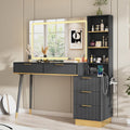 AMERLIFE 48" Fluted Vanity Desk with Mirror and Adjustable LED Lights, Large 5 Drawers Makeup Table with Glass Top and Charging Station for Women and Girls, Bedroom or Dorm, Black