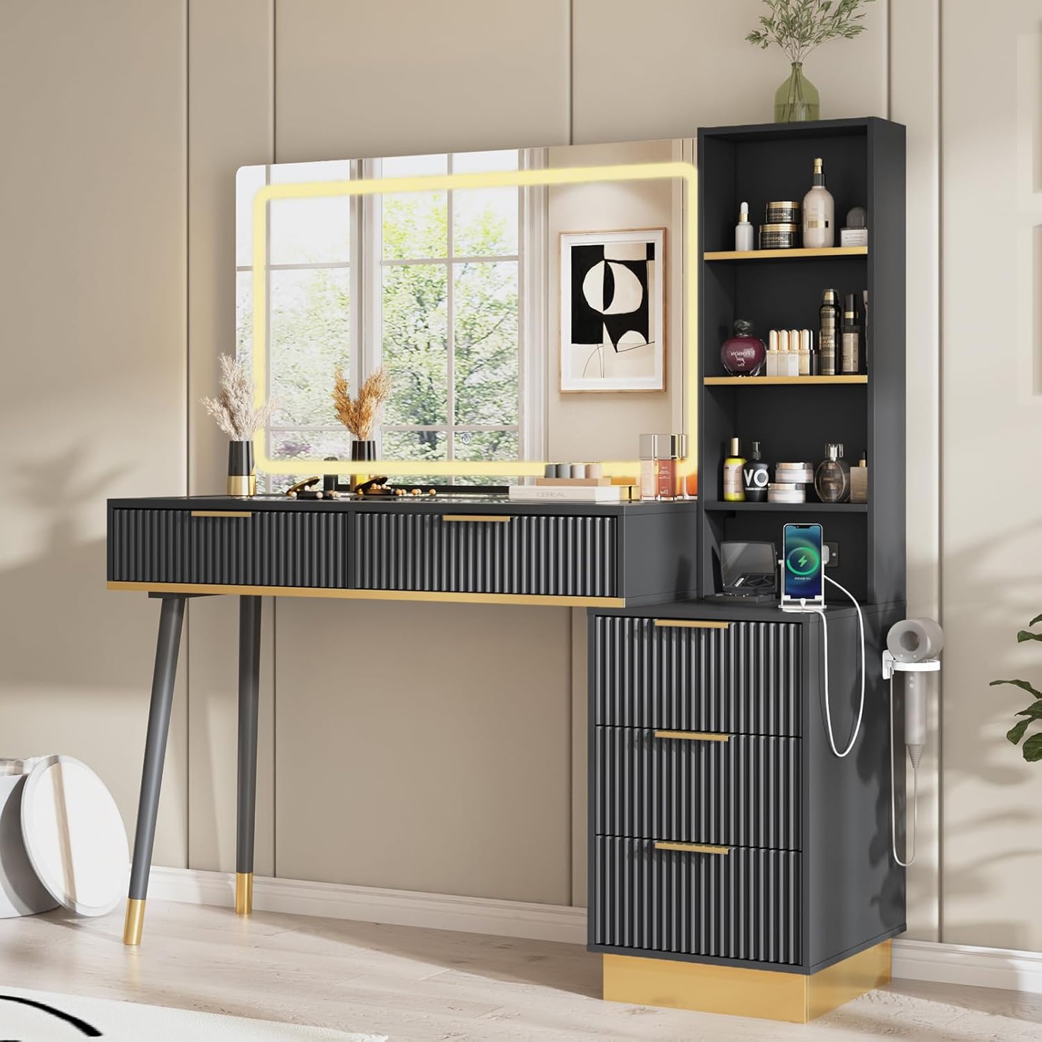 AMERLIFE 48" Fluted Vanity Desk with Mirror and Adjustable LED Lights, Large 5 Drawers Makeup Table with Glass Top and Charging Station for Women and Girls, Bedroom or Dorm, Black
