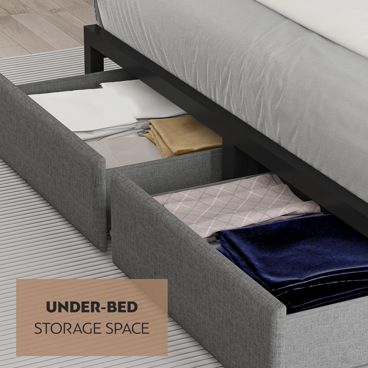 CIKUNASI Queen Size Bed Frame with Headboard and Storage, Drawers Platform Bed Frame with Storage Chargin Station LED Light Bedframe, Heavy Duty, No Box Spring Needed