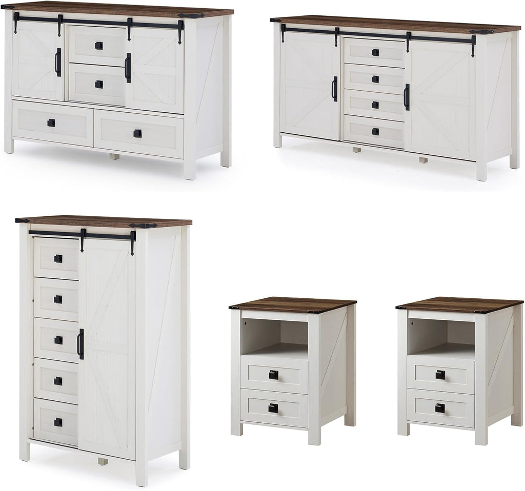 AMERLIFE 5-Piece Farmhouse Bedroom Furniture Set, Dresser & Nightstand Set of 2 with Storage Cabinet & Sideboard, Sliding Barn Door Wood Bedroom Set for Bedroom/Living Room, Distressed White