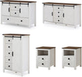 AMERLIFE 5-Piece Farmhouse Bedroom Furniture Set, Dresser & Nightstand Set of 2 with Storage Cabinet & Sideboard, Sliding Barn Door Wood Bedroom Set for Bedroom/Living Room, Distressed White