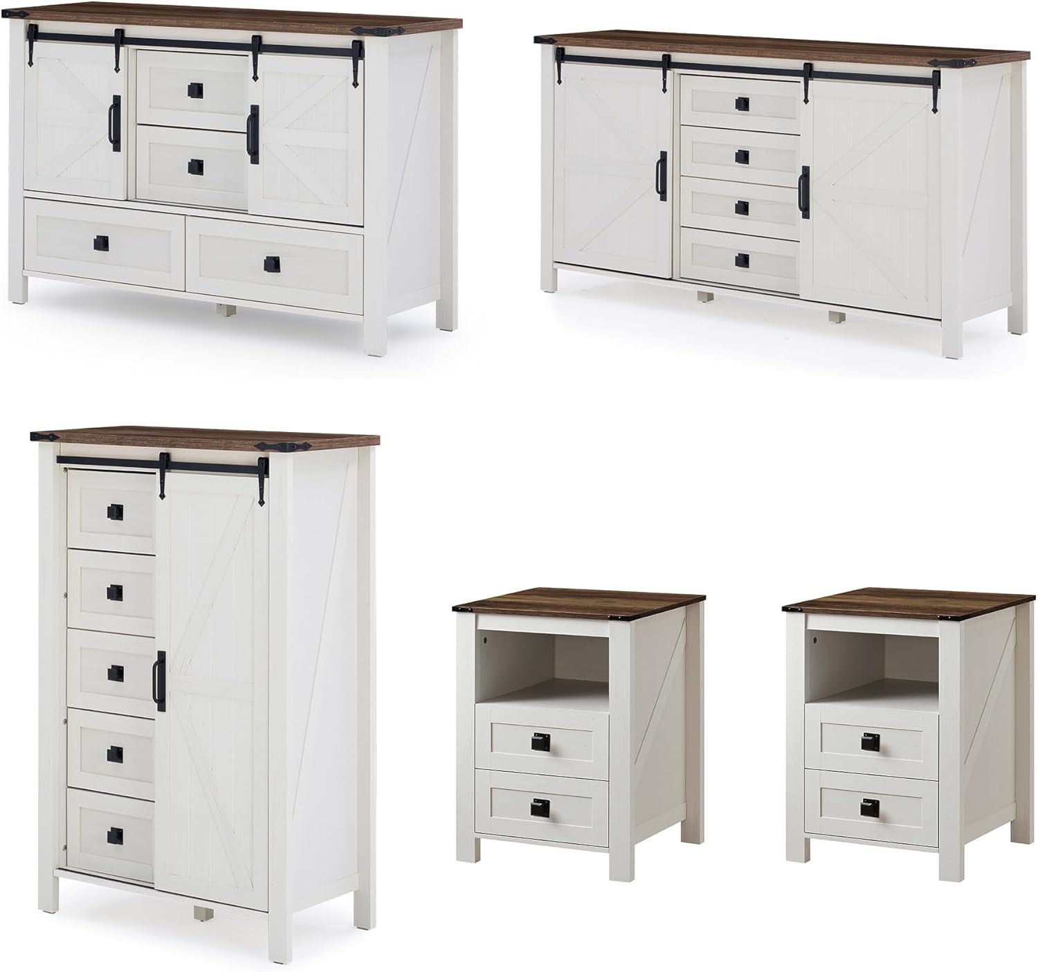 AMERLIFE 5-Piece Farmhouse Bedroom Furniture Set, Dresser & Nightstand Set of 2 with Storage Cabinet & Sideboard, Sliding Barn Door Wood Bedroom Set for Bedroom/Living Room, Distressed White
