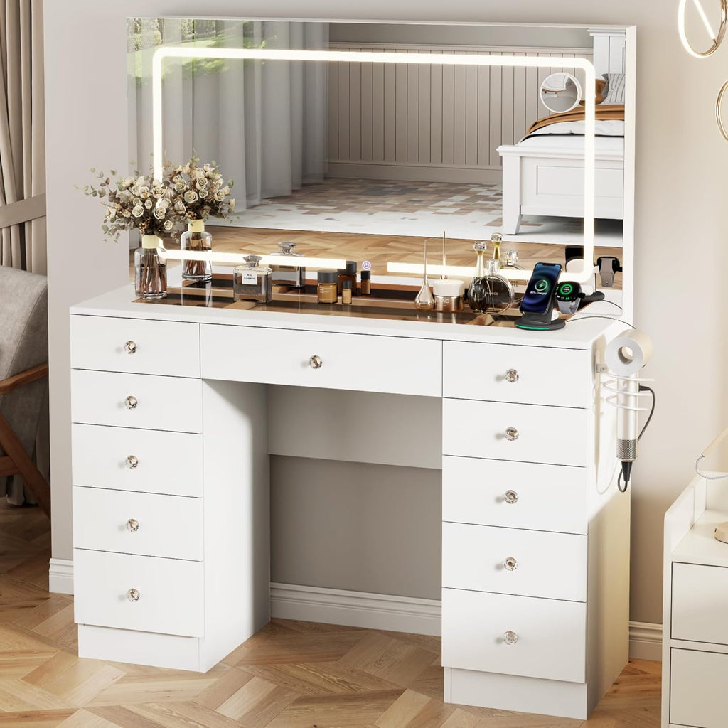 Otterease White Makeup Vanity, 11 Drawers Vanity Mirror with Lights, Makeup Vanity Desk with 3 Lighting Modes Adjustable Brightness, Vanity with Glass Top for Bedroom