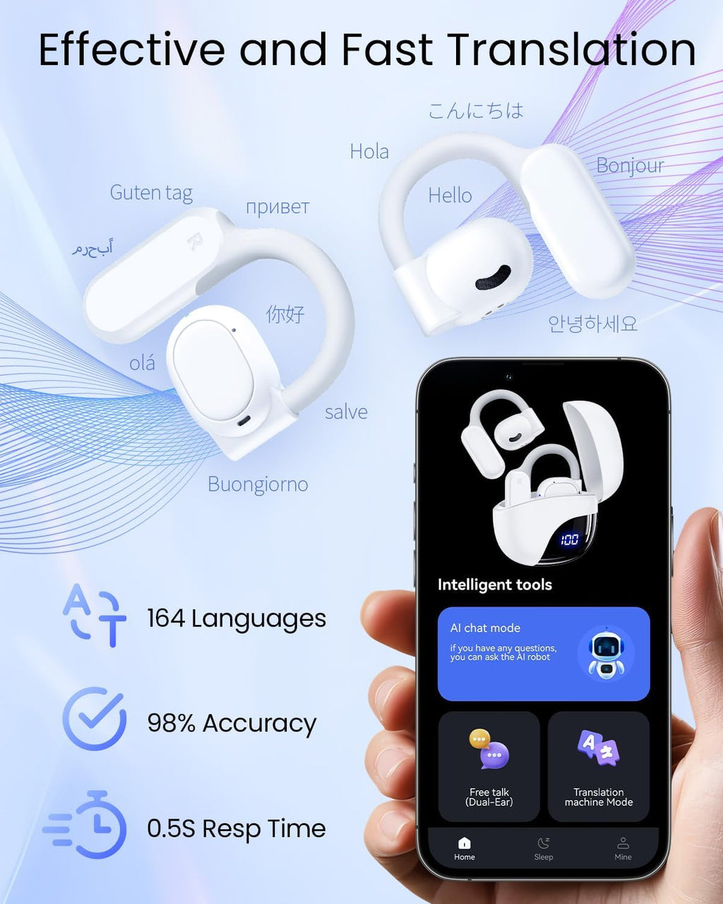 AI Translation Earbuds Real Time 164 Languages 80H Playtime Translator Ear Buds Audifonos Traductores Inglés Español Wireless Earphones Bluetooth AI Headphone for Travel Meeting Learning K08 White