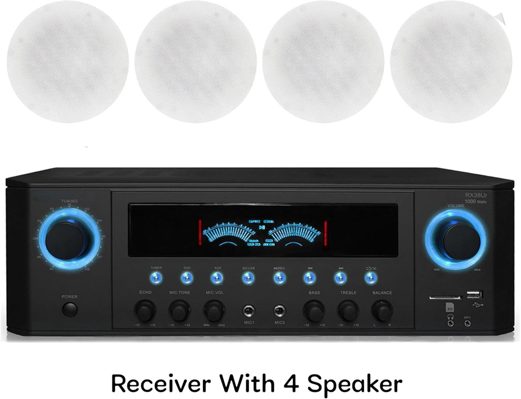Home Theater System Kit 1000 Watts Professional Home Stereo Receiver with (Qty 4) 5.25” 175 Watts in-Wall in-Ceiling Speakers & Remote Control - Perfect for Home/Office/Bar By Technical Pro