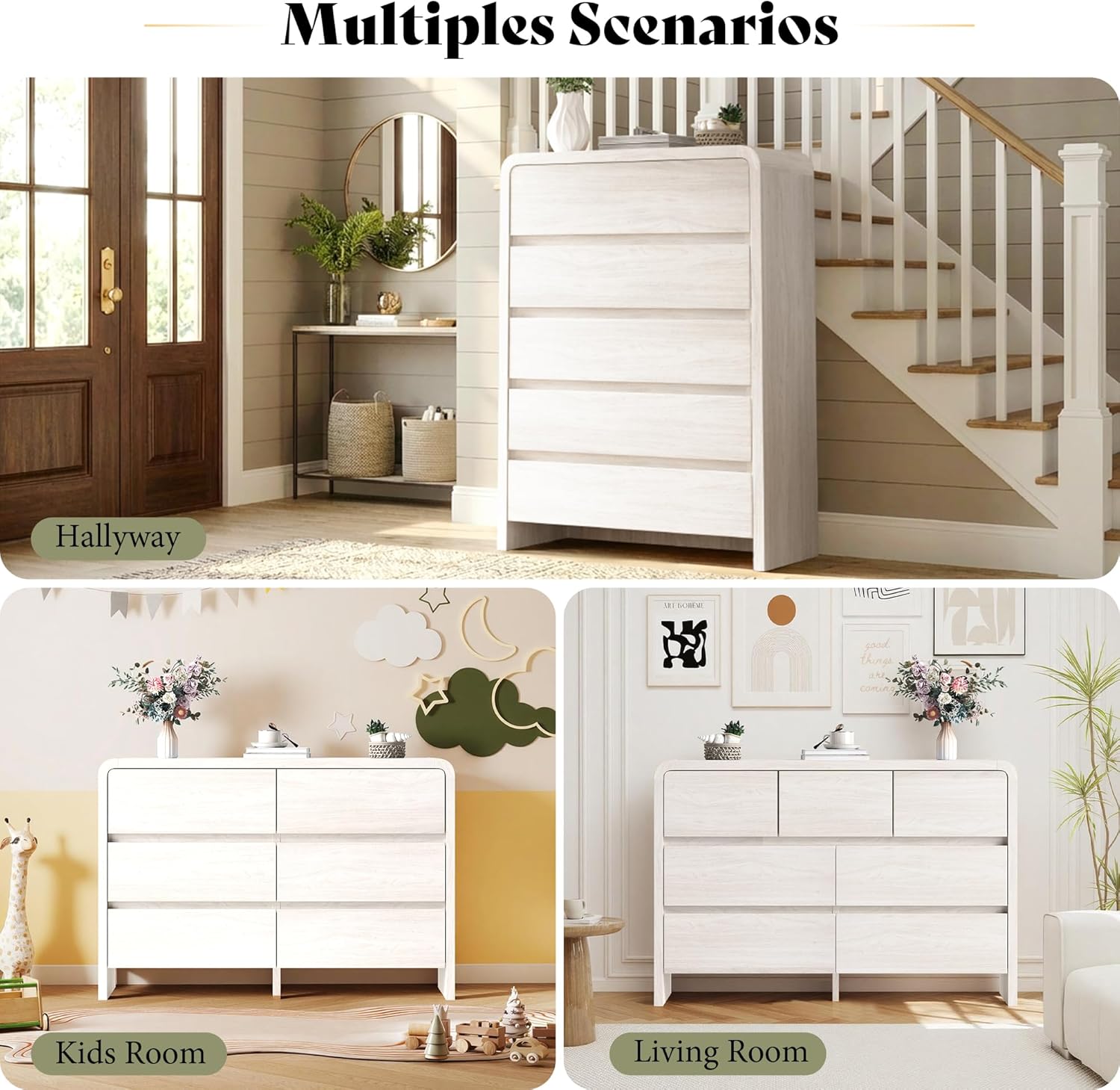 AMERLIFE Modern 3-Piece Bedroom Furniture Set with 5-Drawer Dresser and 2 Nightstands, Large Storage Capacity, Rounded Corners, Flexible Combination Design, White