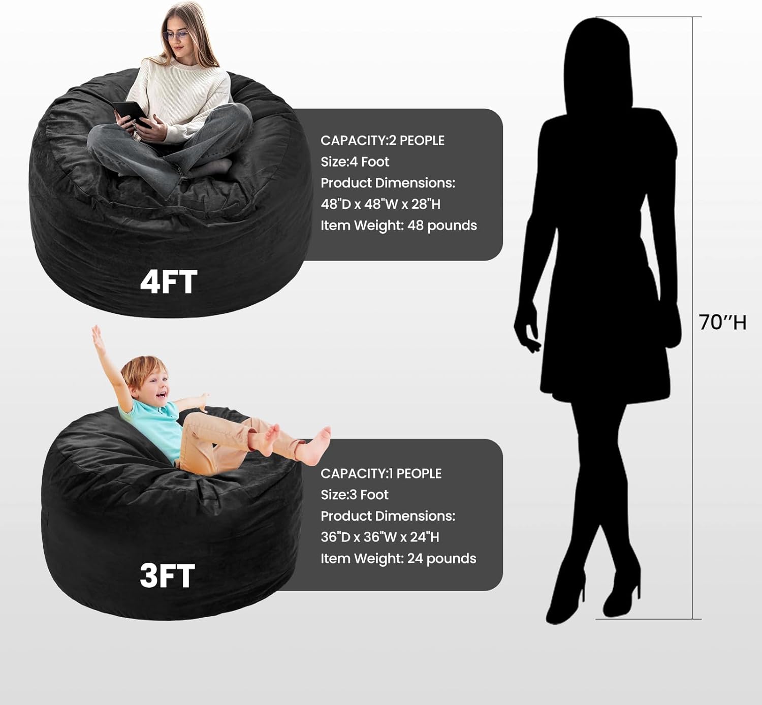 Memory Foam Bean Bag Chair, Oversized Sofa for Adults, Teens & Kids, Removable Velvet Cover, Ultra Comfortable for Gaming, Bedroom, Living Room, or Dorm(Black, 4ft w/Footstool)