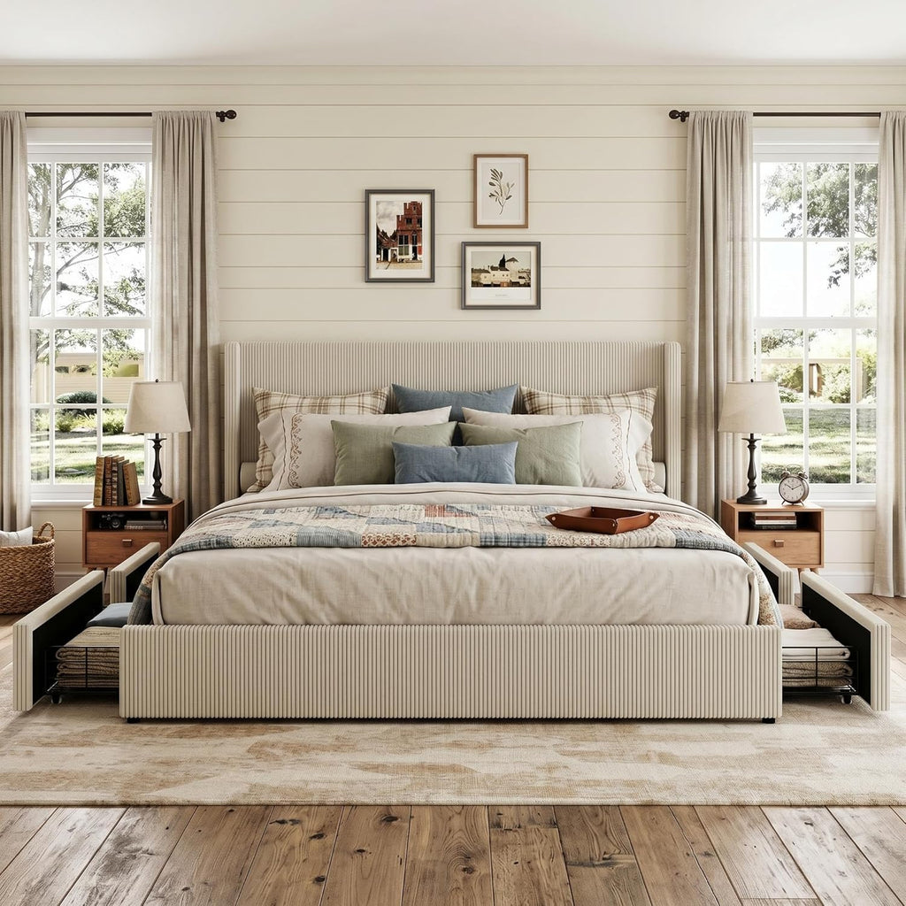 IDEALHOUSE King Size Bed Frame with Storage Drawers, Corduroy Upholstered Platform Bedframe with Wingback, Headboard and Footboard, No Box Spring Needed, Beige
