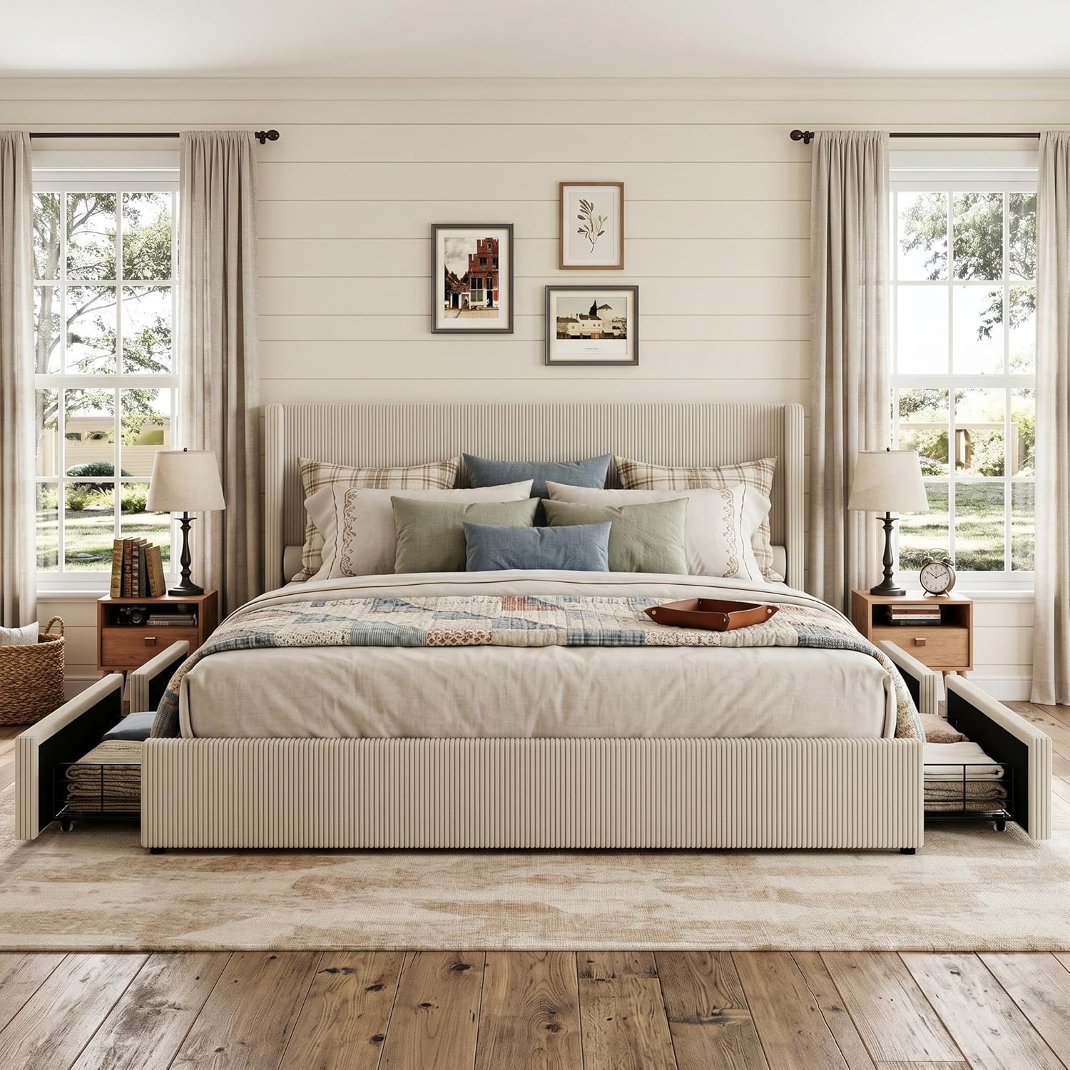 IDEALHOUSE King Size Bed Frame with Storage Drawers, Corduroy Upholstered Platform Bedframe with Wingback, Headboard and Footboard, No Box Spring Needed, Beige