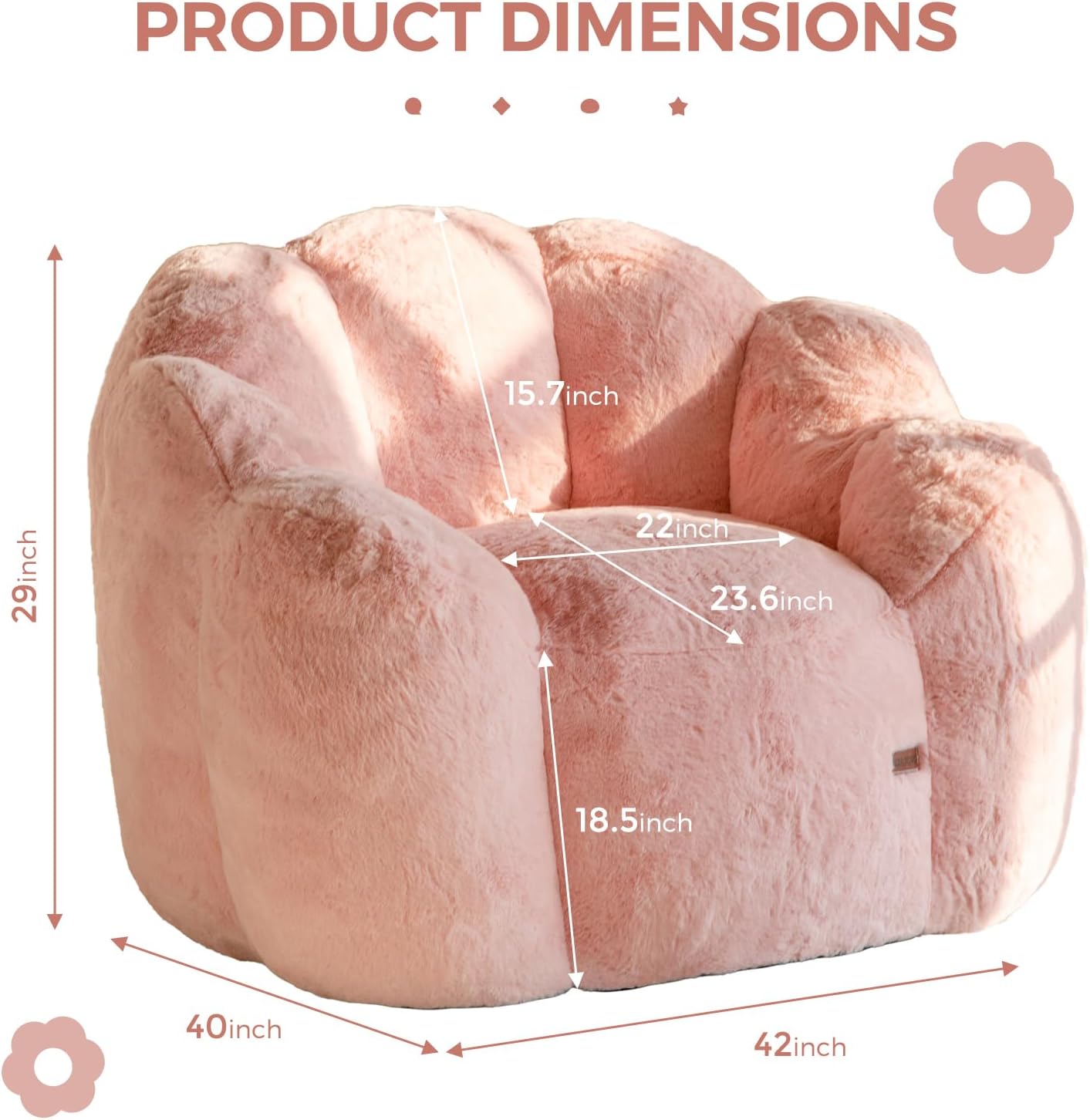 MAXYOYO Bean Bag Chair for Adults, Floral Shaped Bean Bag Sofa, Ultra Soft Faux Fur Floor Sofa, Large Reading Chair for Living Room Bedroom, Pink, Single