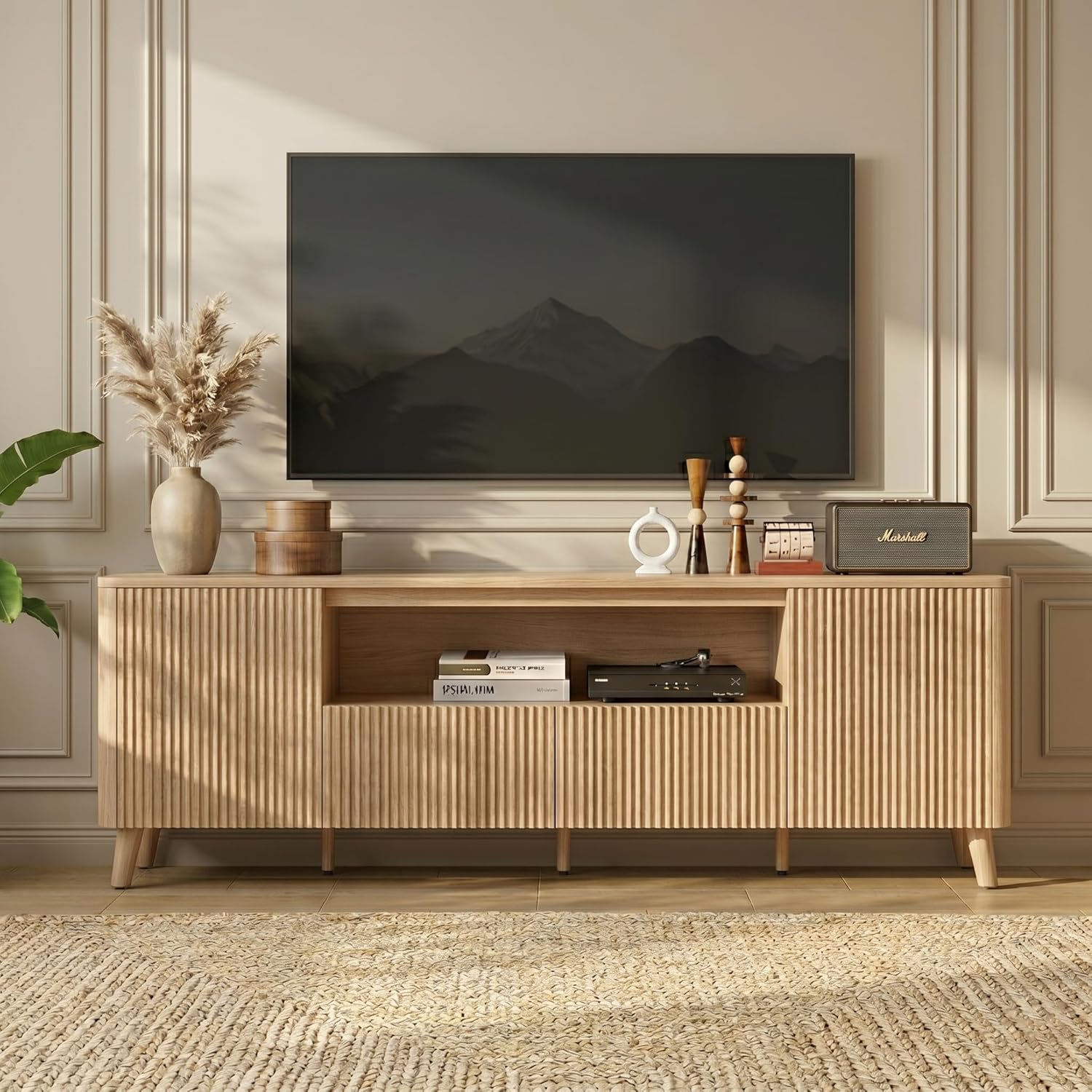 CHITA TV Stands for Living Room, Mid Century Modern TV Stand for 80 inch TV with Storage, Drawers, Adjustable Shelves, Oak